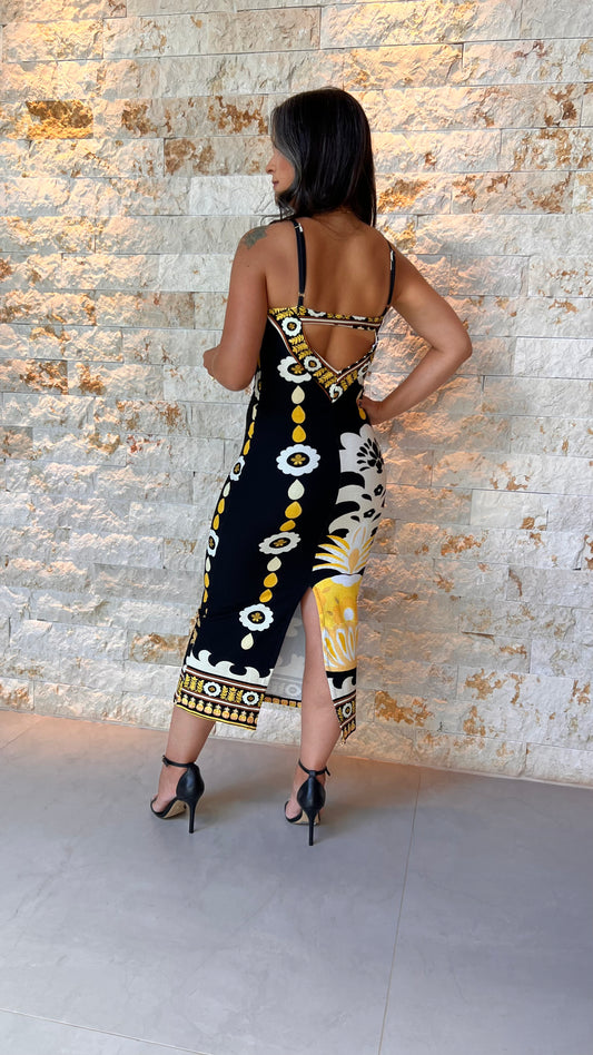 Vestido Midi Malha Canelada Alças ARTE- Estampado Preto 5561