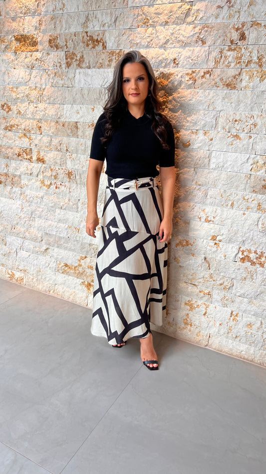 Saia Midi Cinto Det Dourado PIS- Estampado 5741