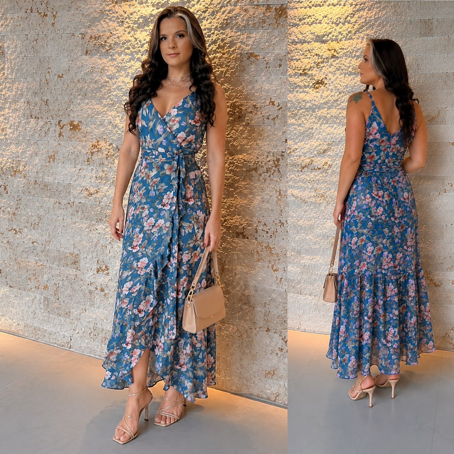 Vestido Midi Chiffon Seda PIS- Estampado Azul 5903