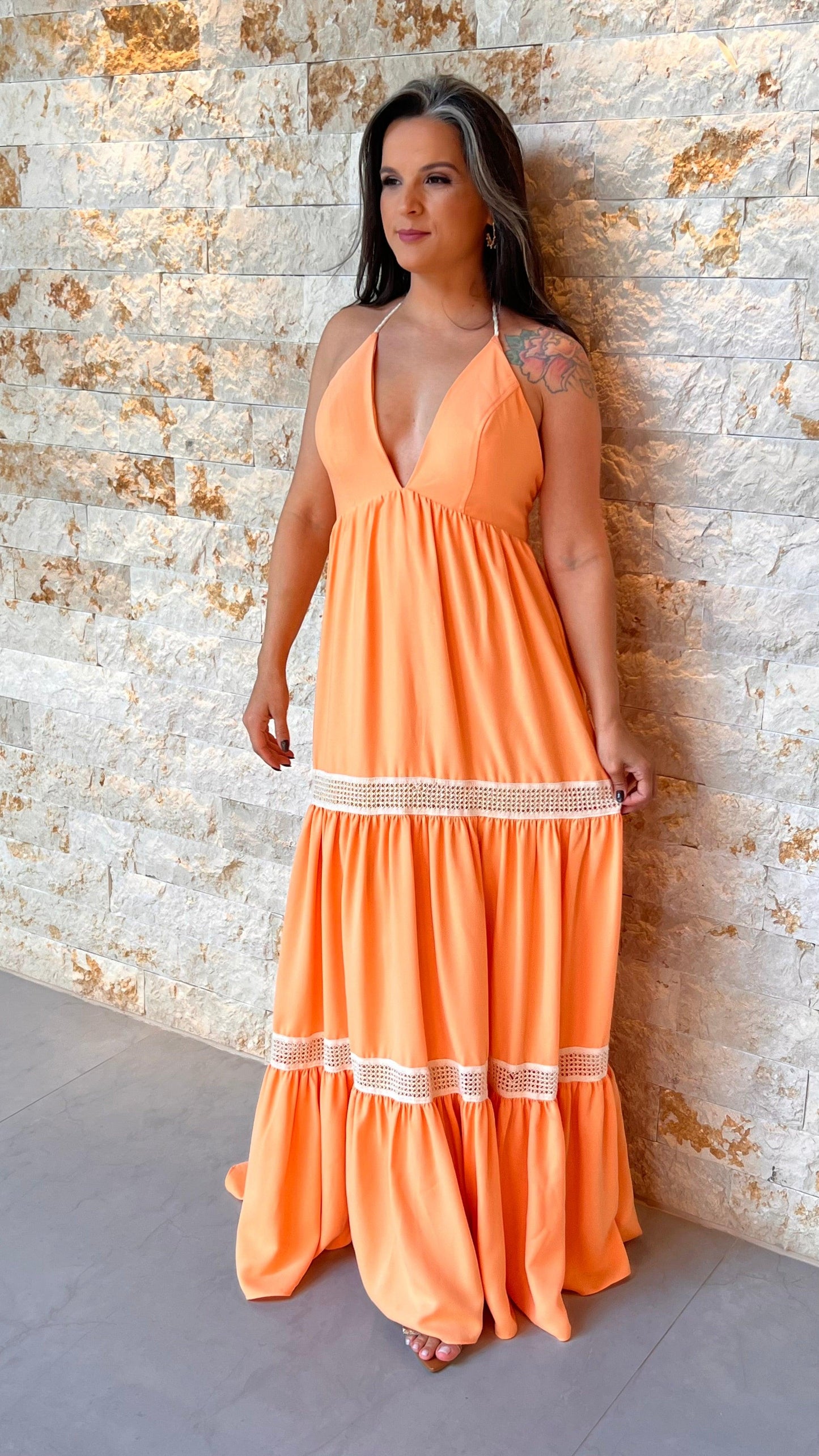 Vestido Largo Frente Sencillo - Naranja
