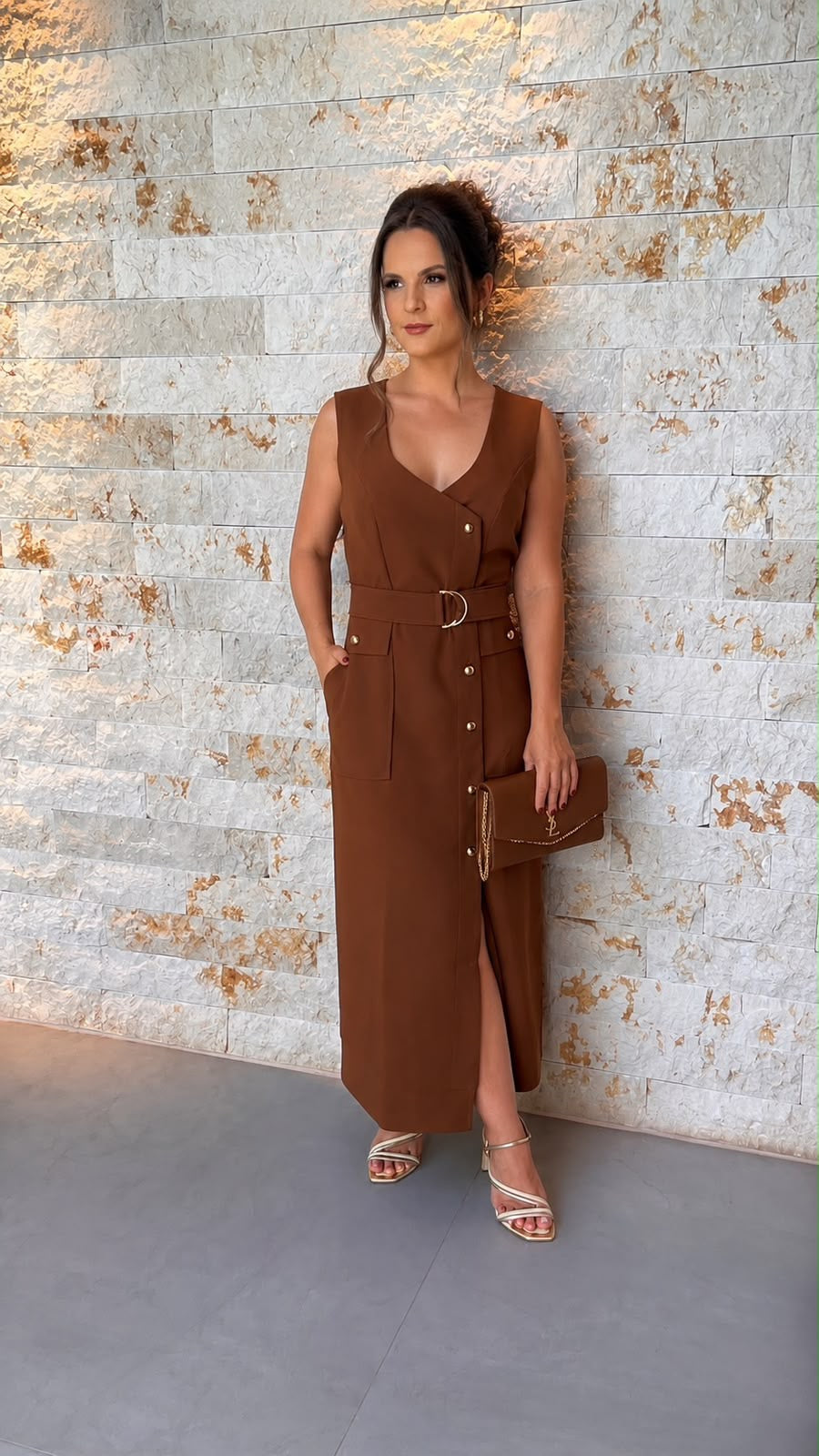 Vestido Midi Transpasse BT Prata CLE - Marrom
