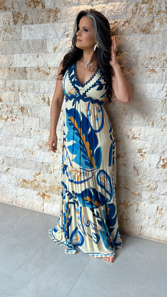 Vestido Longo vazado Cintura ARTE - Estampado 5469