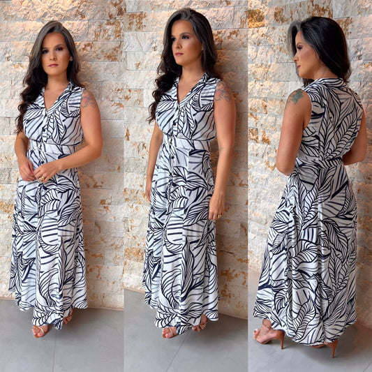 Vestido Midi Cinto Folhagem Azul PIS- Estampado 6002