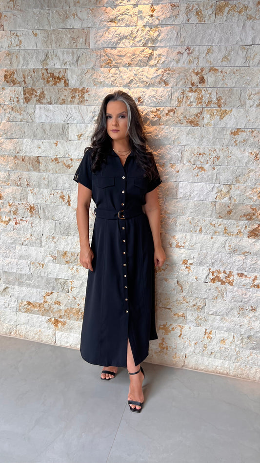 Vestido Midi Utilitário Cinto Bolso PIS - Preto 5594
