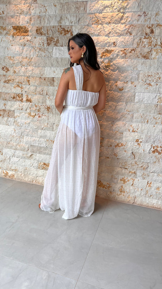 Vestido Longo Hot Pants Nula Manga Emporium - Branco/Off 3753