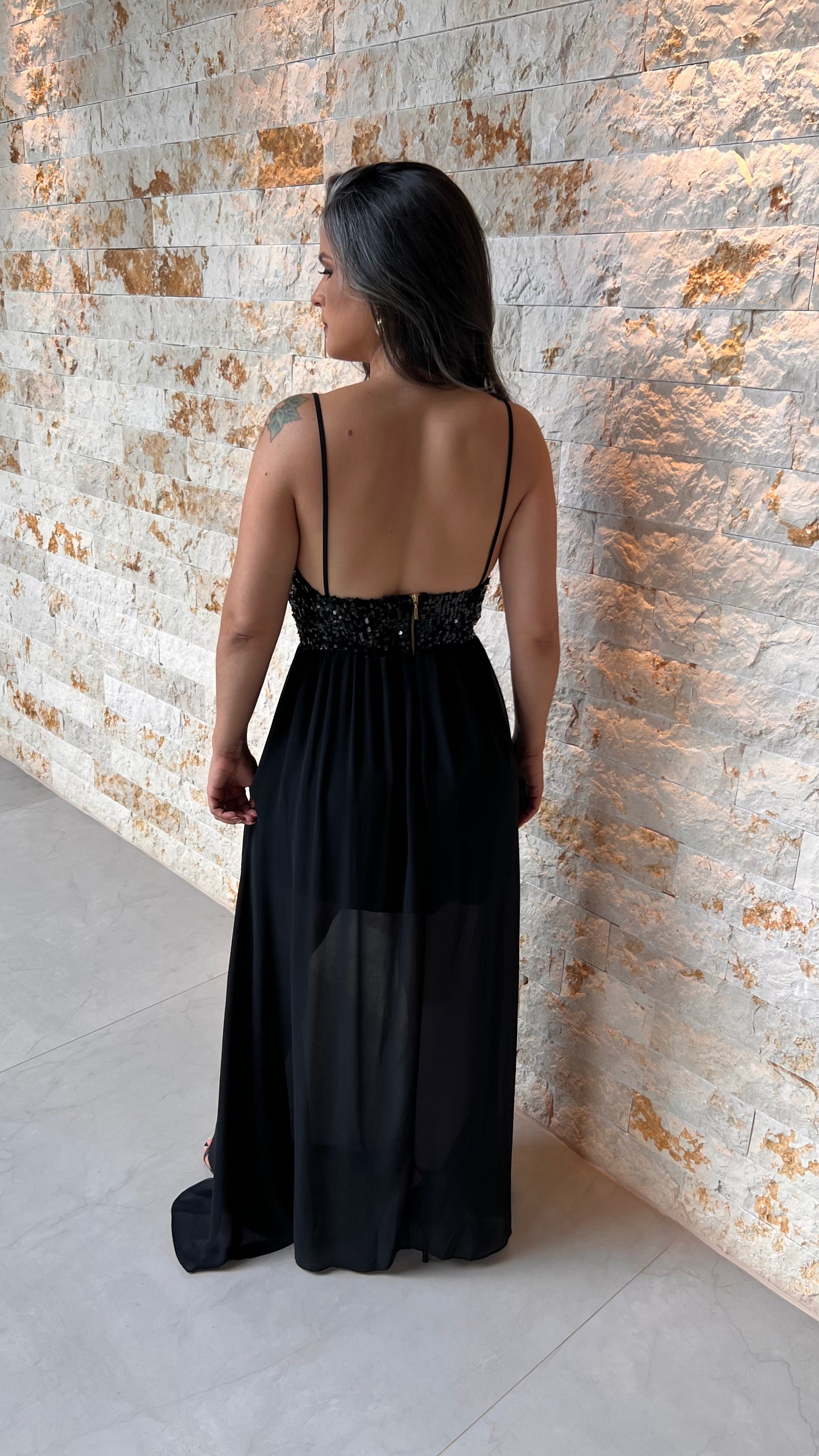 Vestido largo con busto de lentejuelas - Negro
