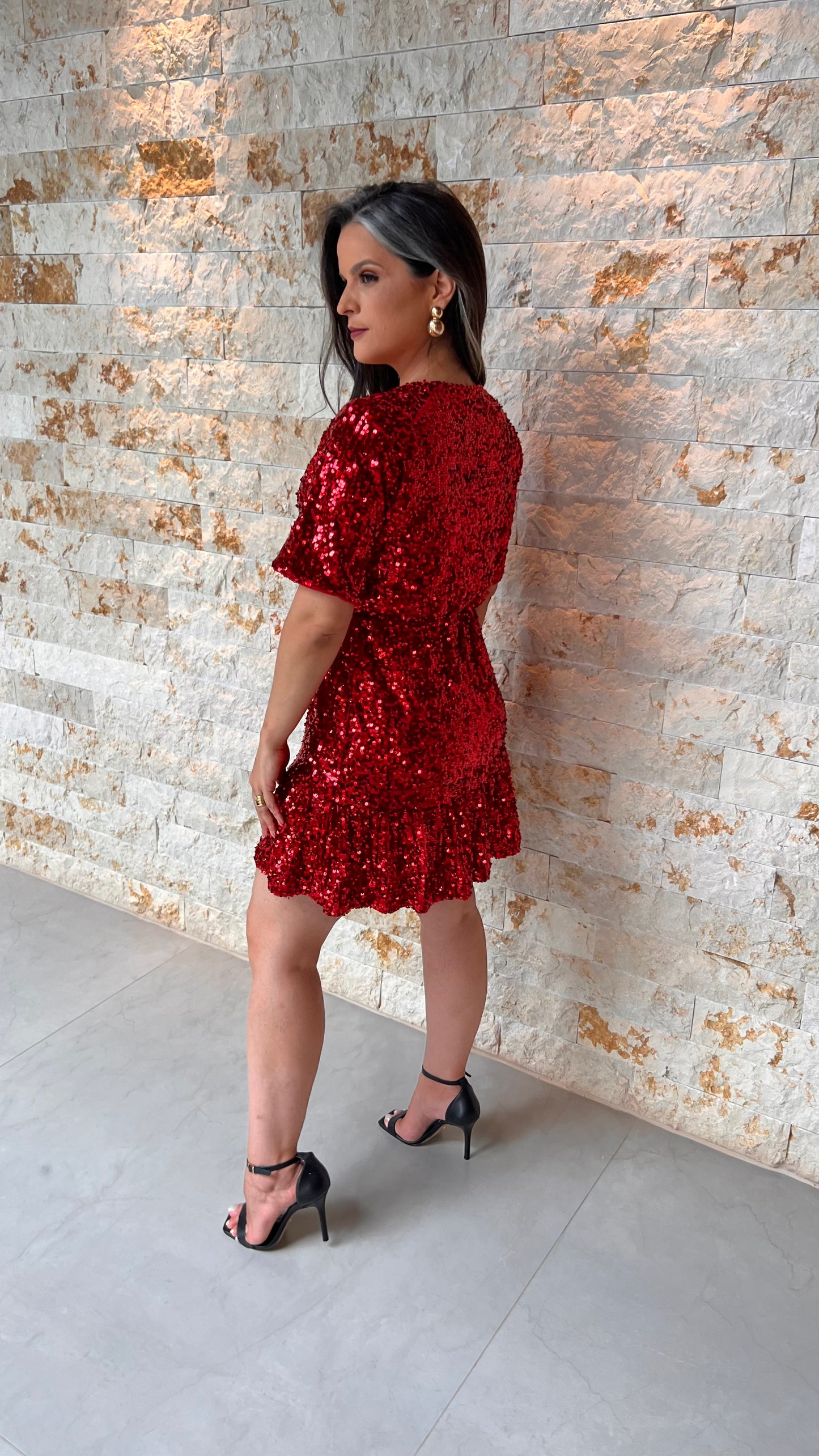 Vestido corto de lentejuelas redondas - Rojo