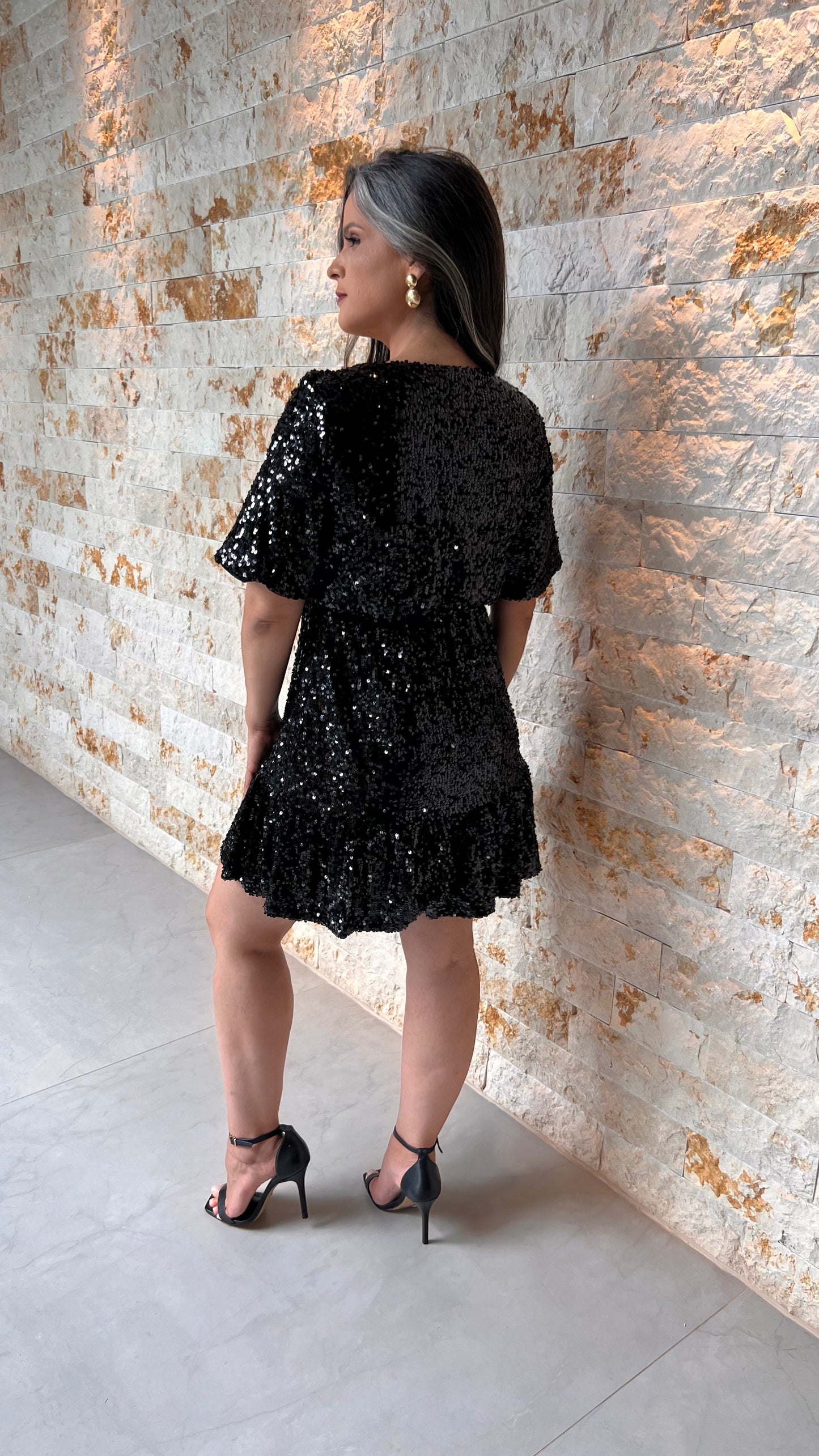 Vestido corto de lentejuelas redondas - Negro