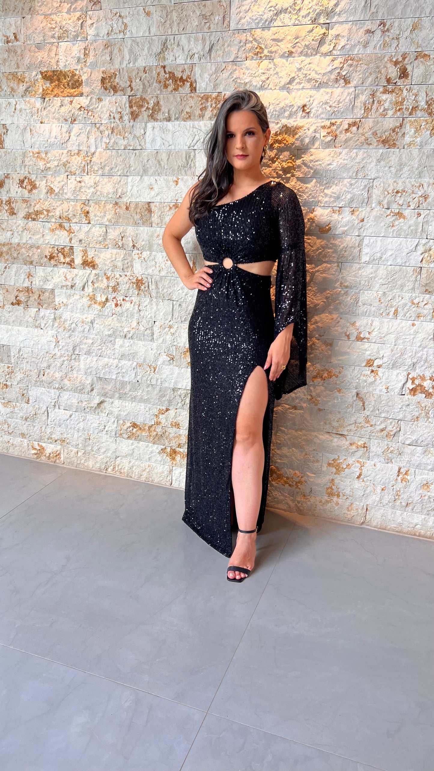 Vestido Largo De Lentejuelas Nula Manga Corta - Negro