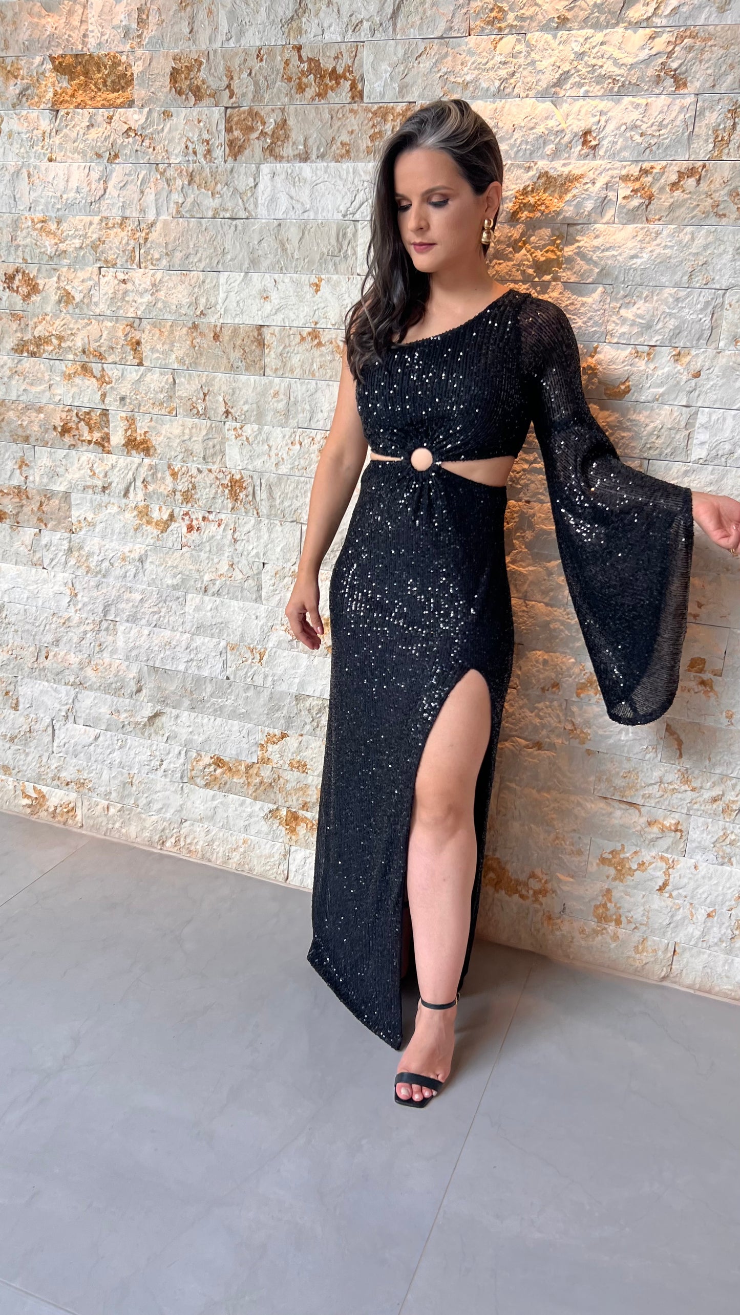 Vestido Largo De Lentejuelas Nula Manga Corta - Negro