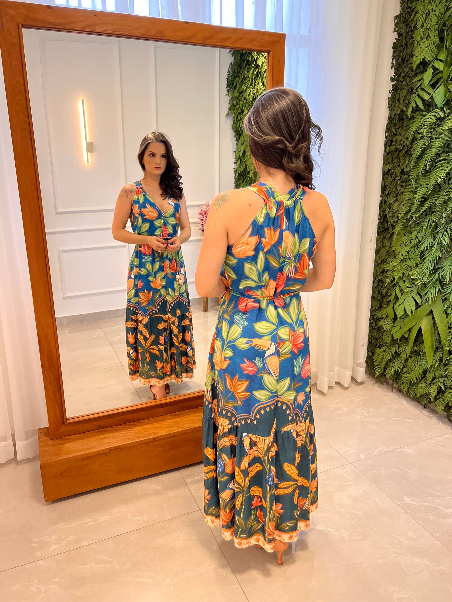 Vestido Midi Barra Floral Amarração- Estampado Azul Claro