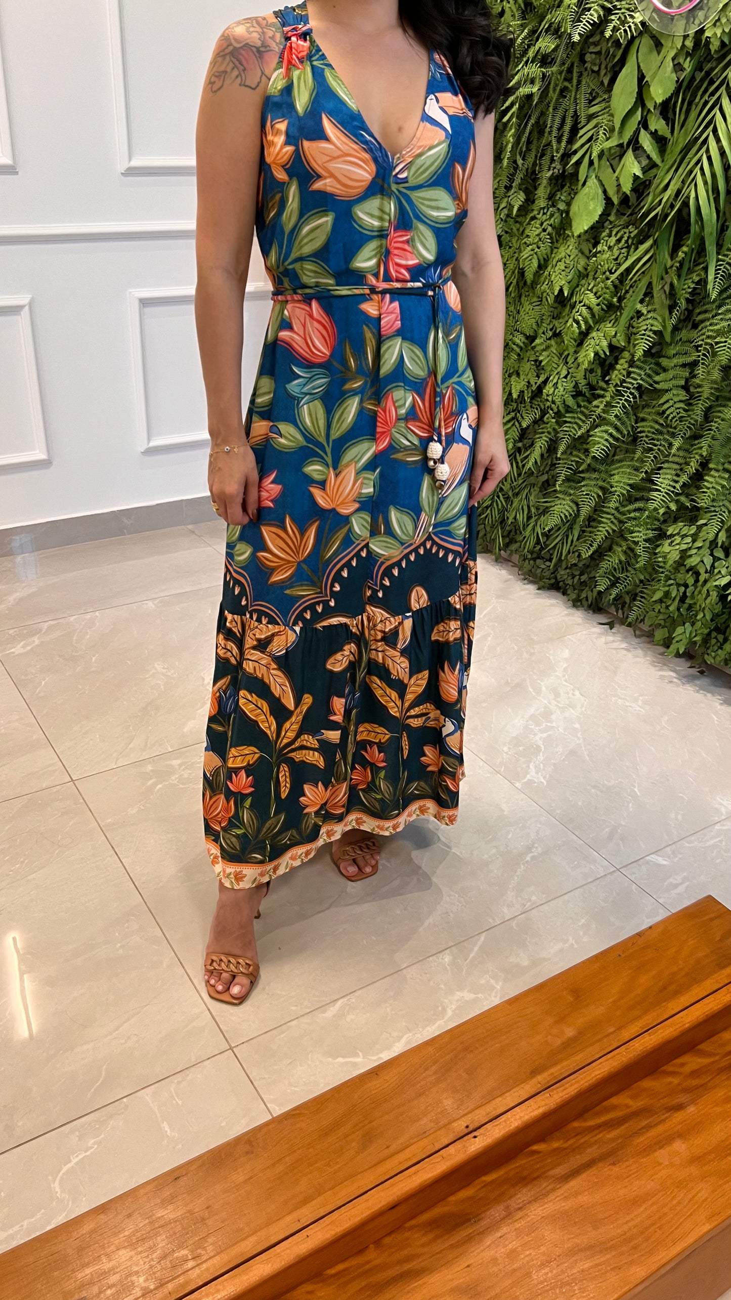 Vestido Midi Barra Floral Amarração- Estampado Azul Claro