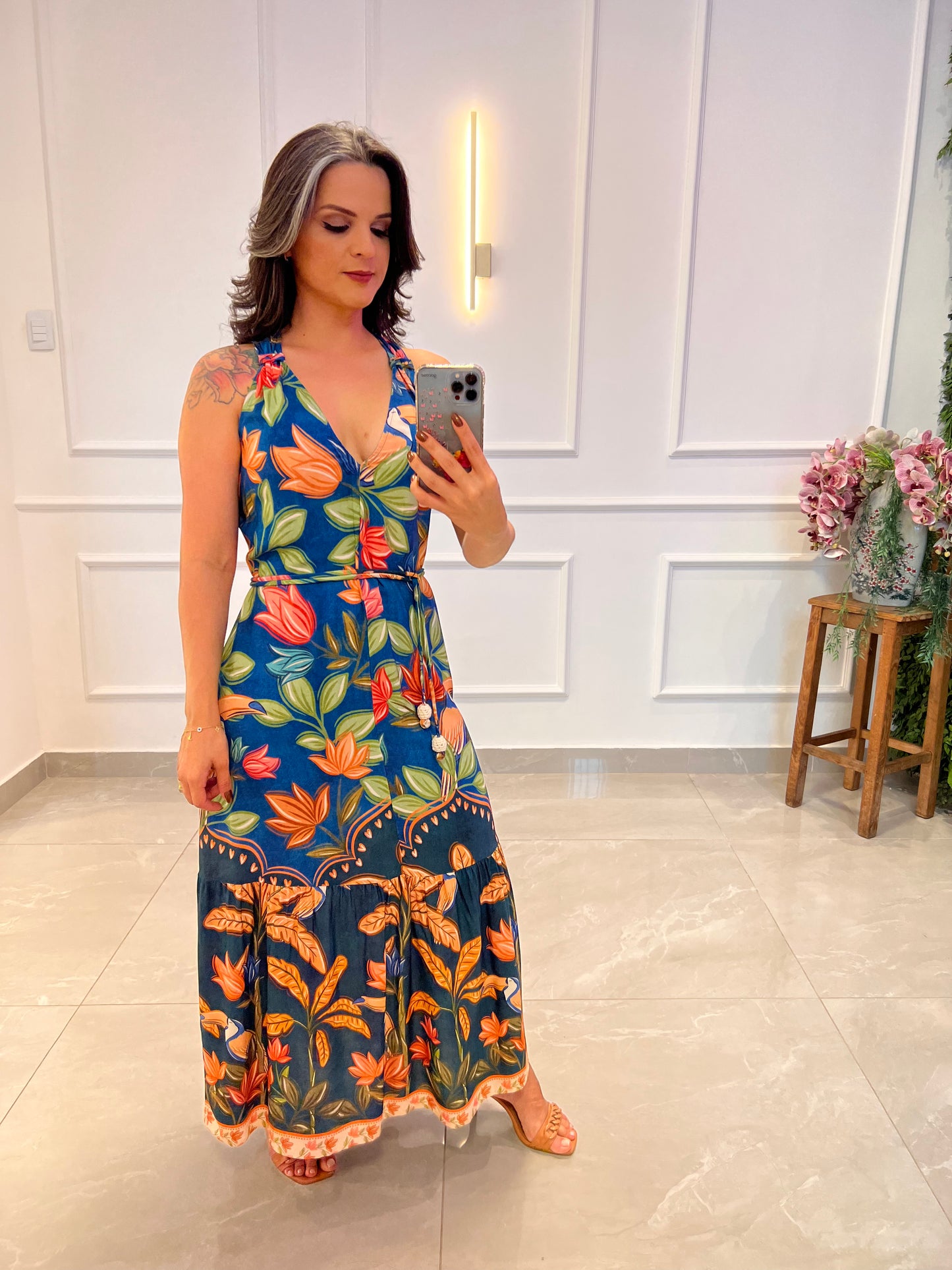 Vestido Midi Barra Floral Amarração- Estampado Azul Claro
