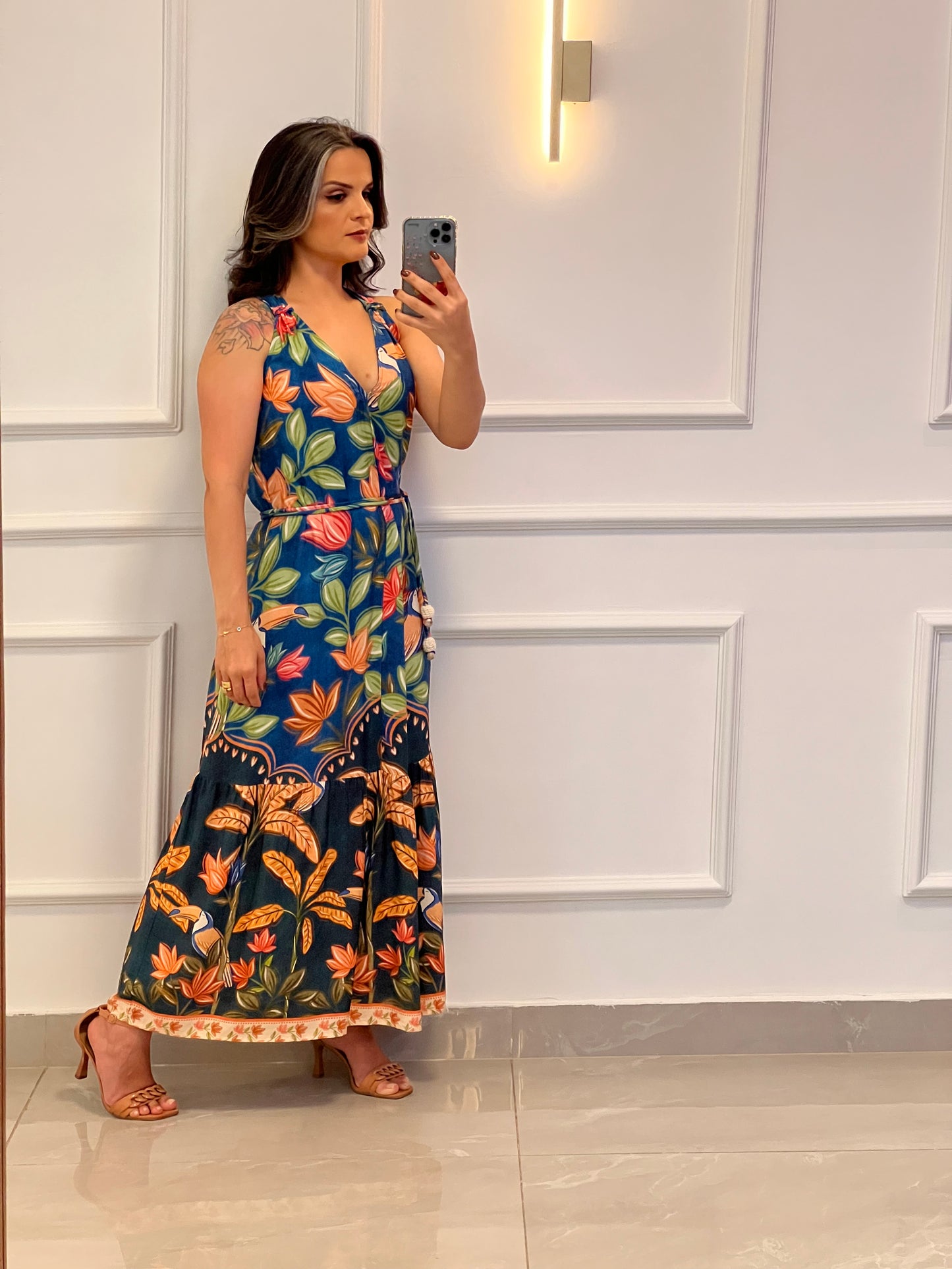 Vestido Midi Barra Floral Amarração- Estampado Azul Claro