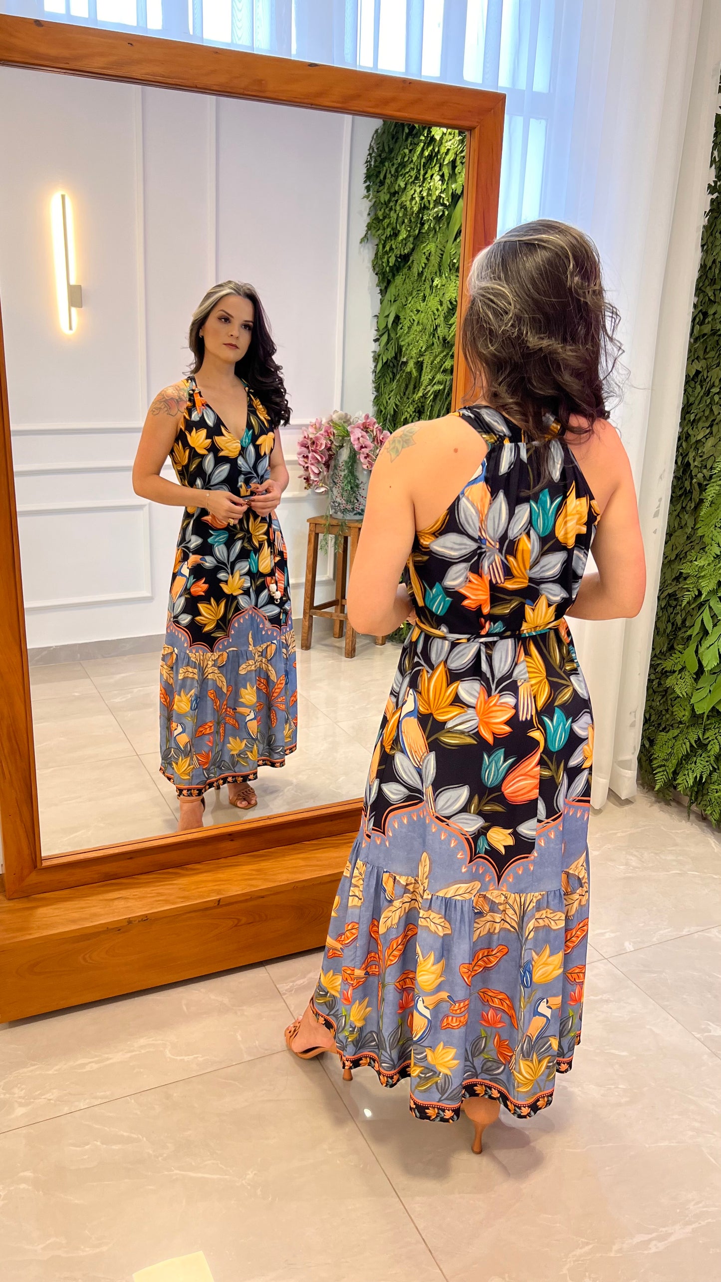 Vestido Midi Barra Floral Amarração- Estampado