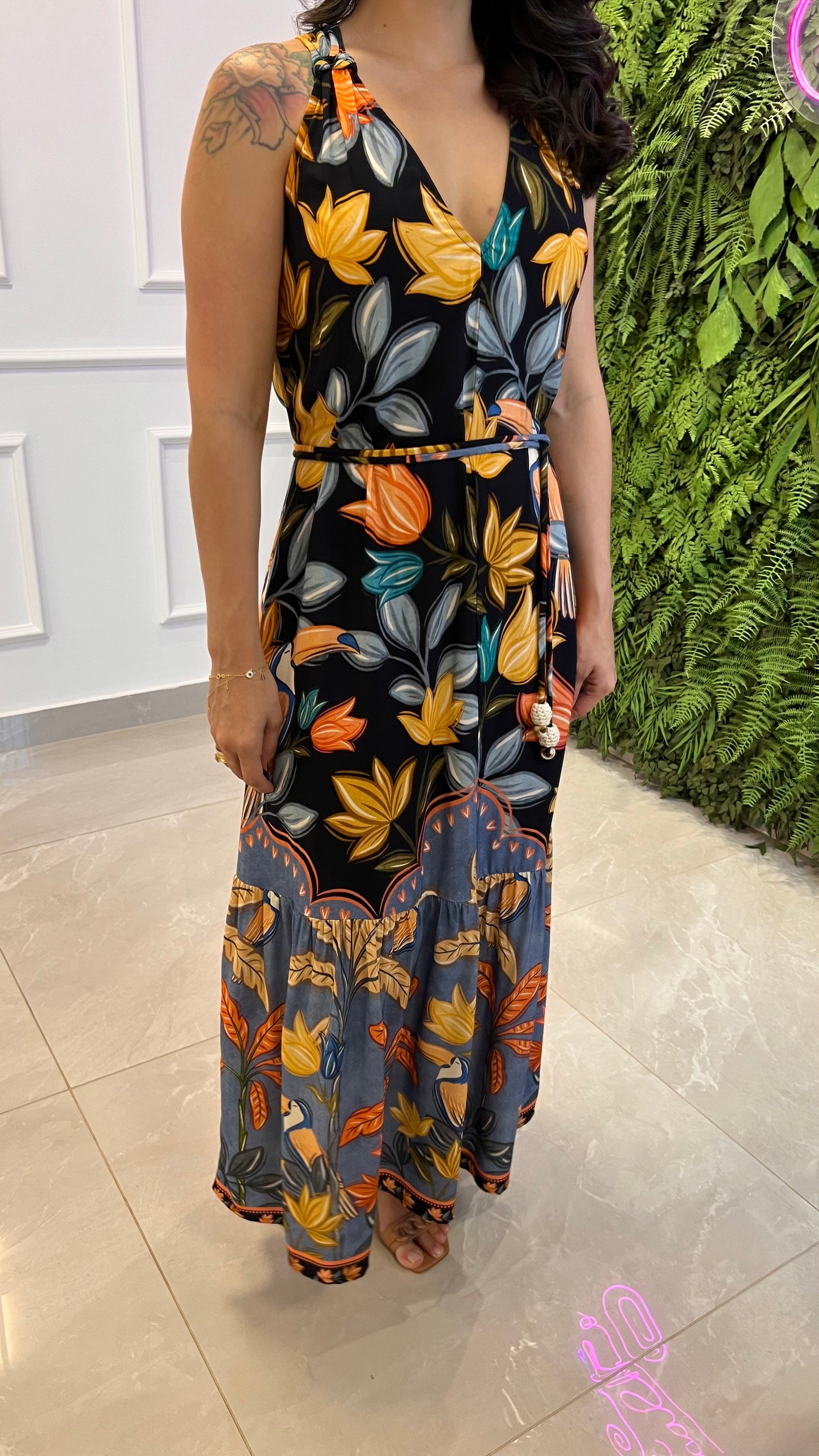 Vestido Midi Barra Floral Amarração- Estampado
