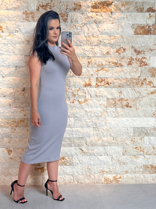 Vestido Midi Canelado Gola Alta - Cinza 5112