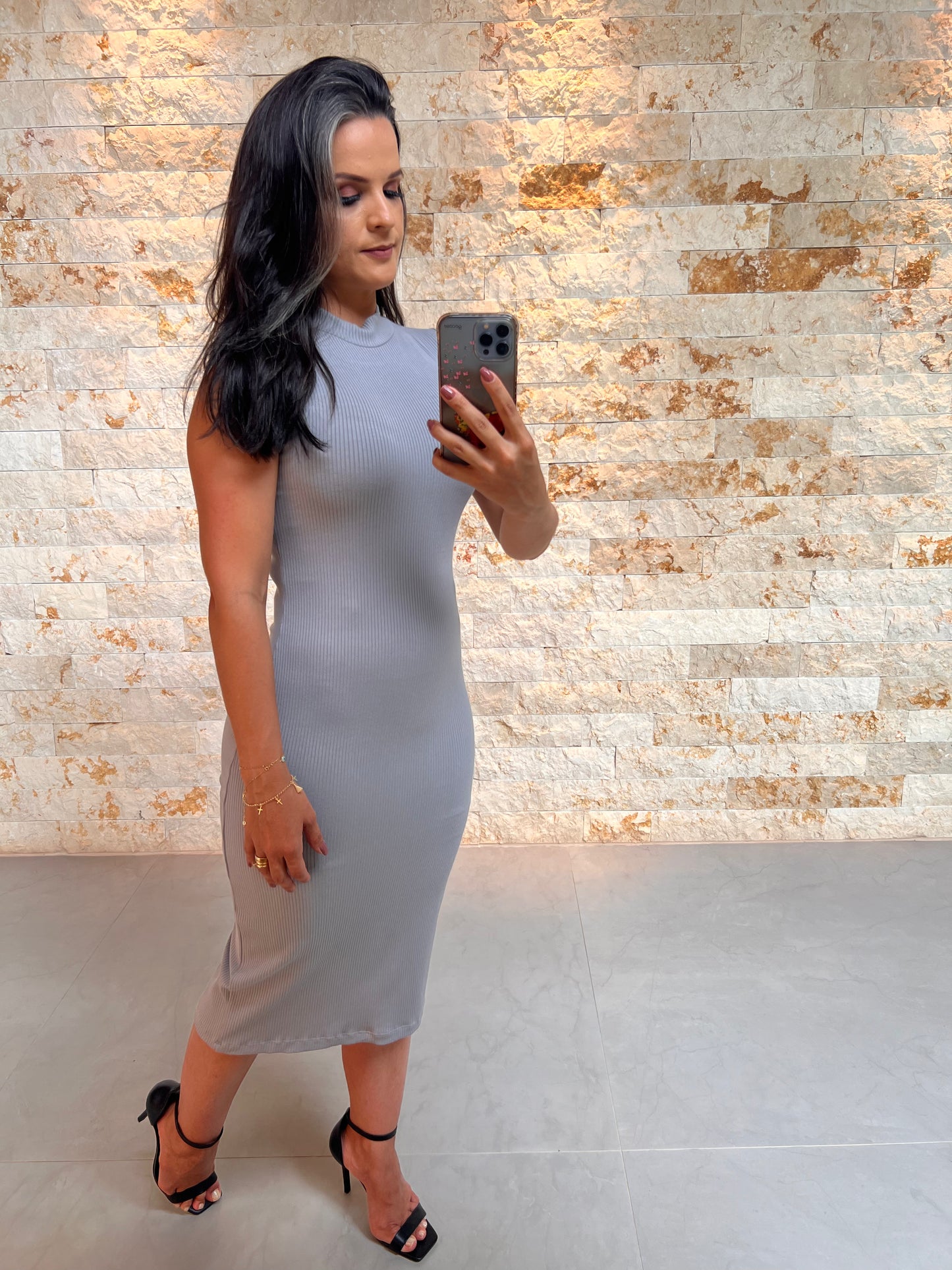 Vestido Midi Canelado Gola Alta - Cinza 5112