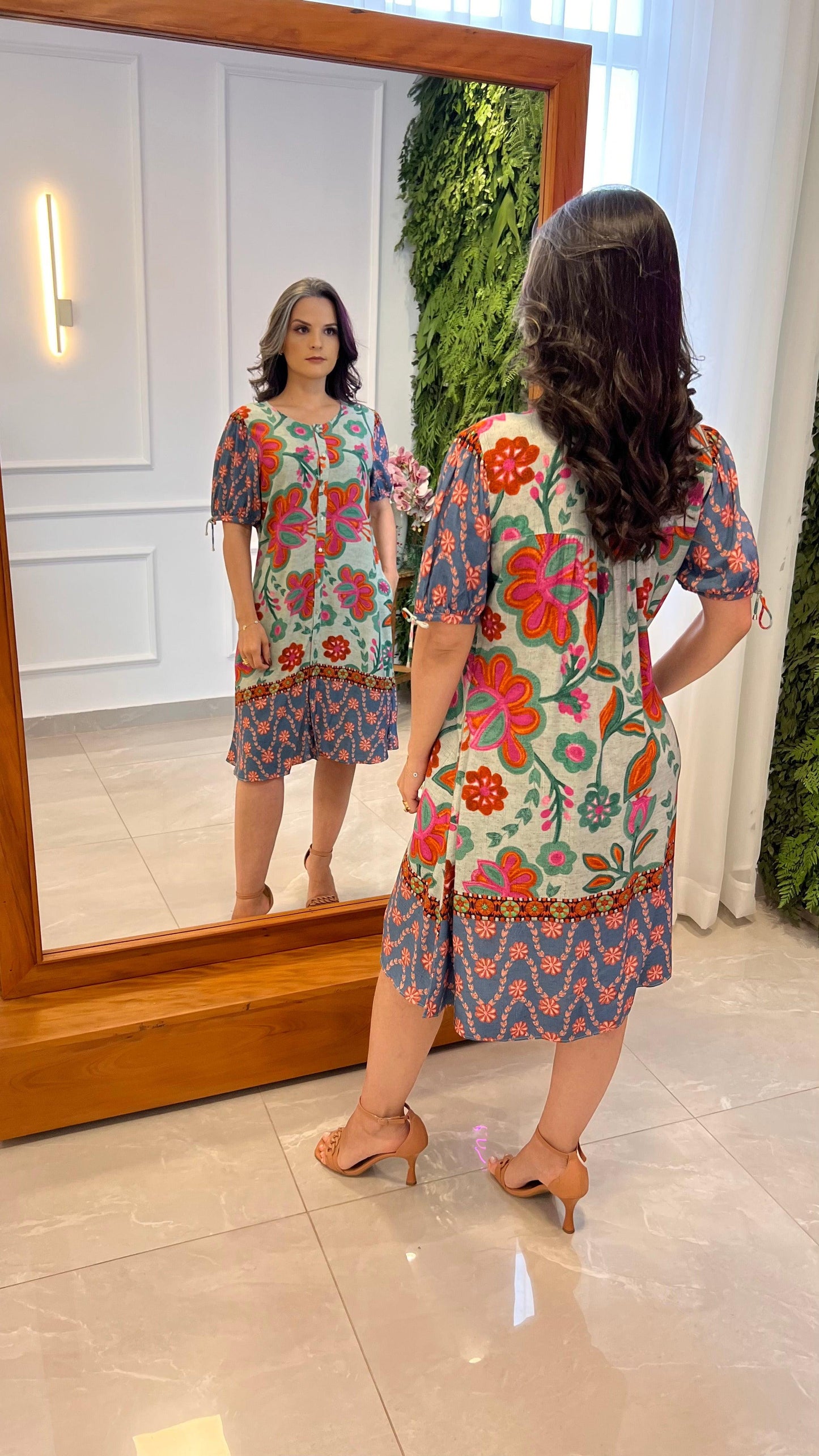 Vestido Curto Botões Manga Azul - Estampado