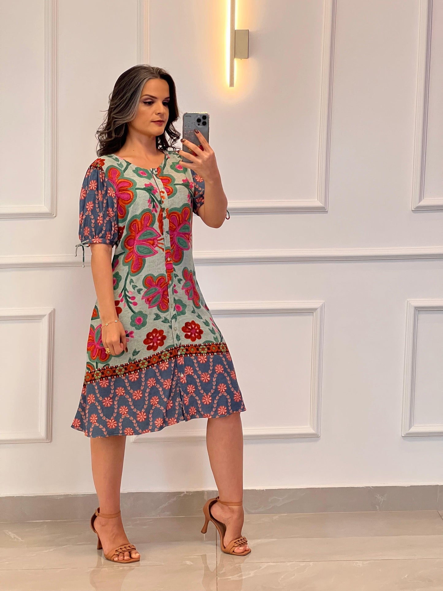Vestido Curto Botões Manga Azul - Estampado