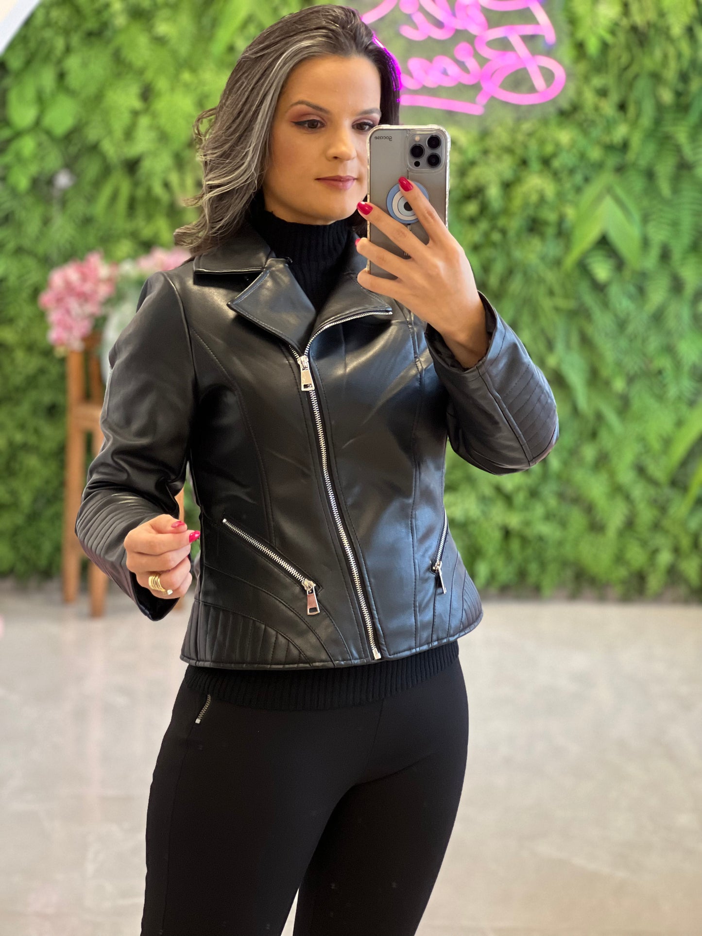 Jaqueta Couro Sintético Pelos Gola - Preto