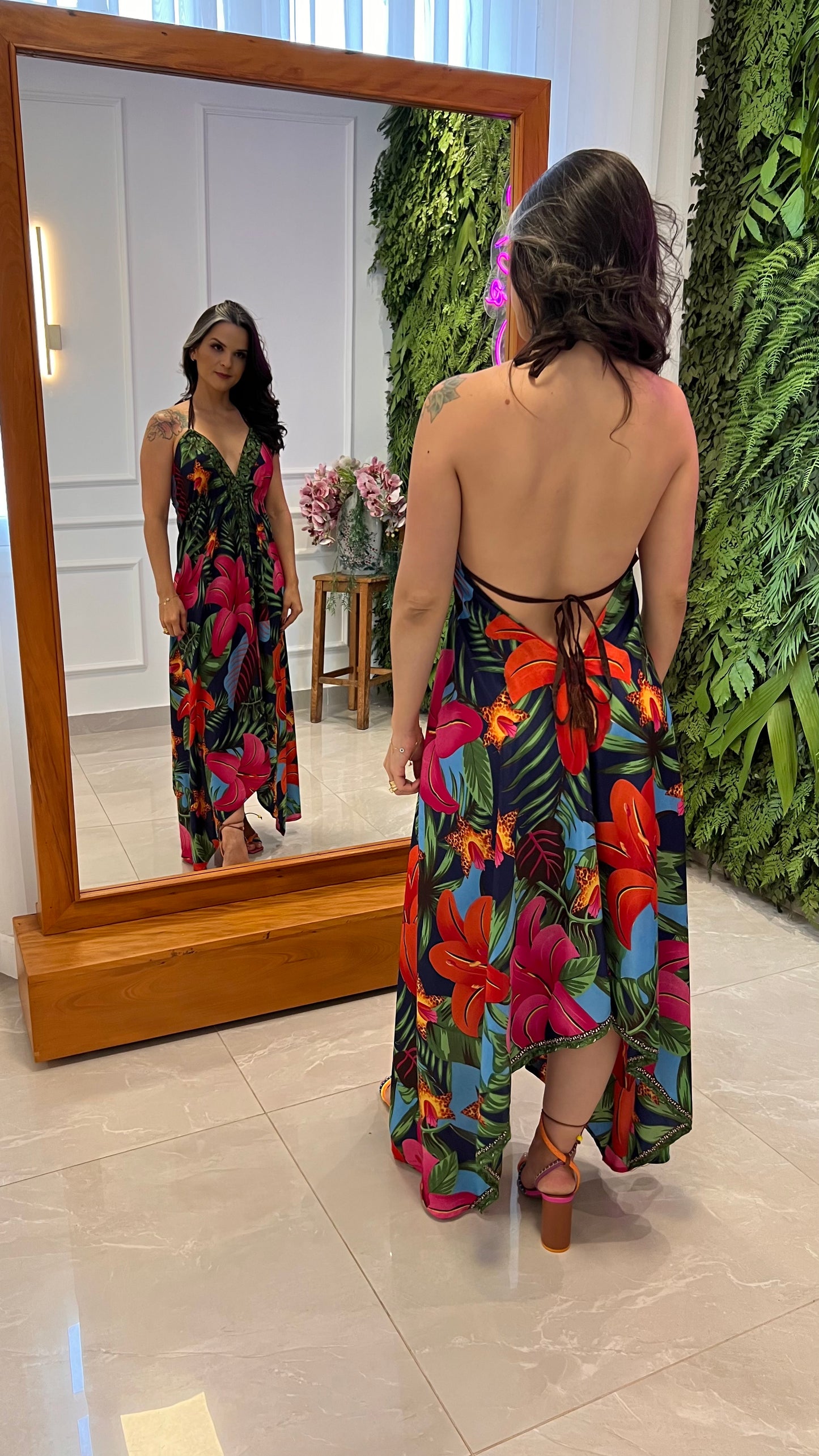 Vestido Longuete Seda Floral - Estampado Azul