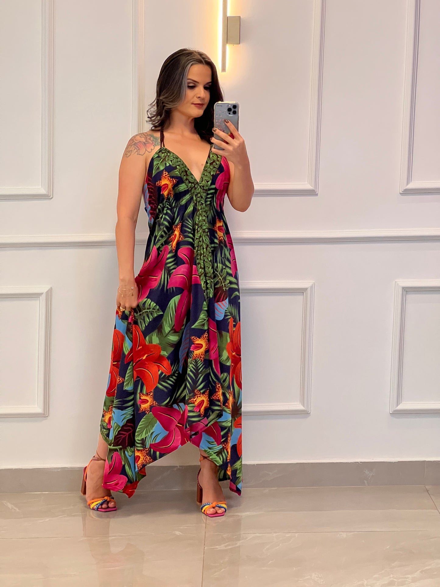Vestido Longuete Seda Floral - Estampado Azul