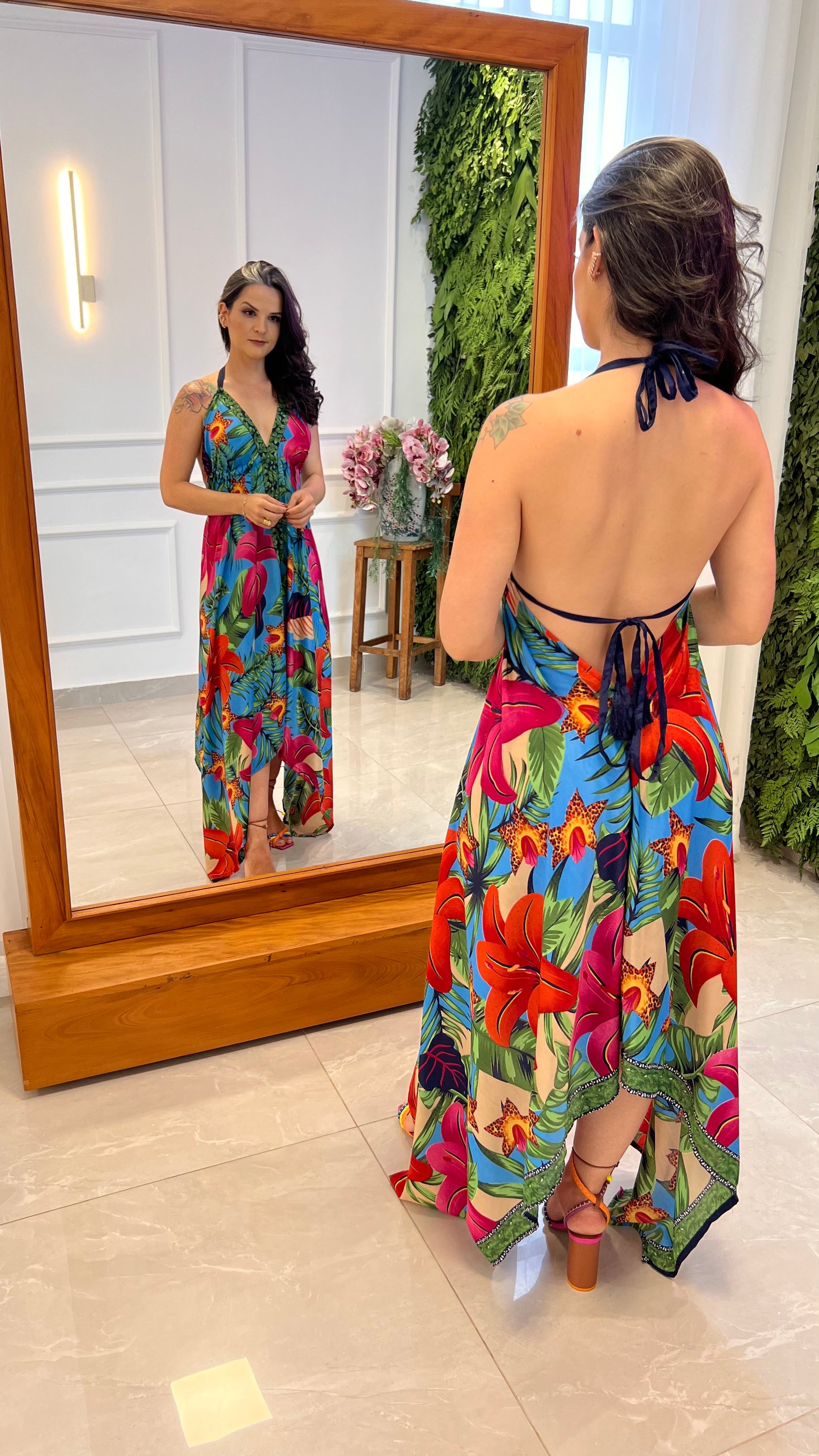 Vestido Longuete Follaje Seda - Estampado Azul