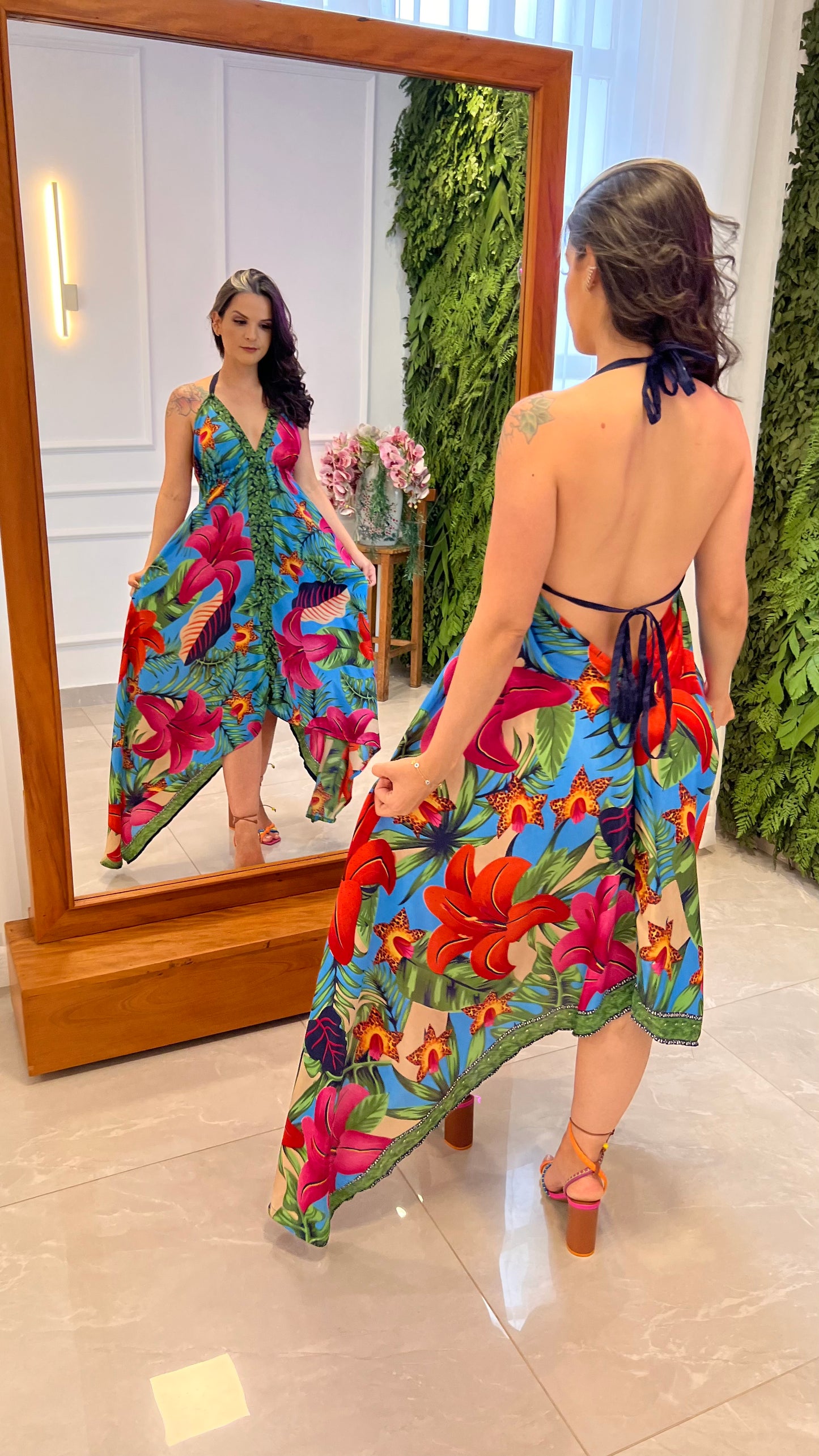 Vestido Longuete Follaje Seda - Estampado Azul