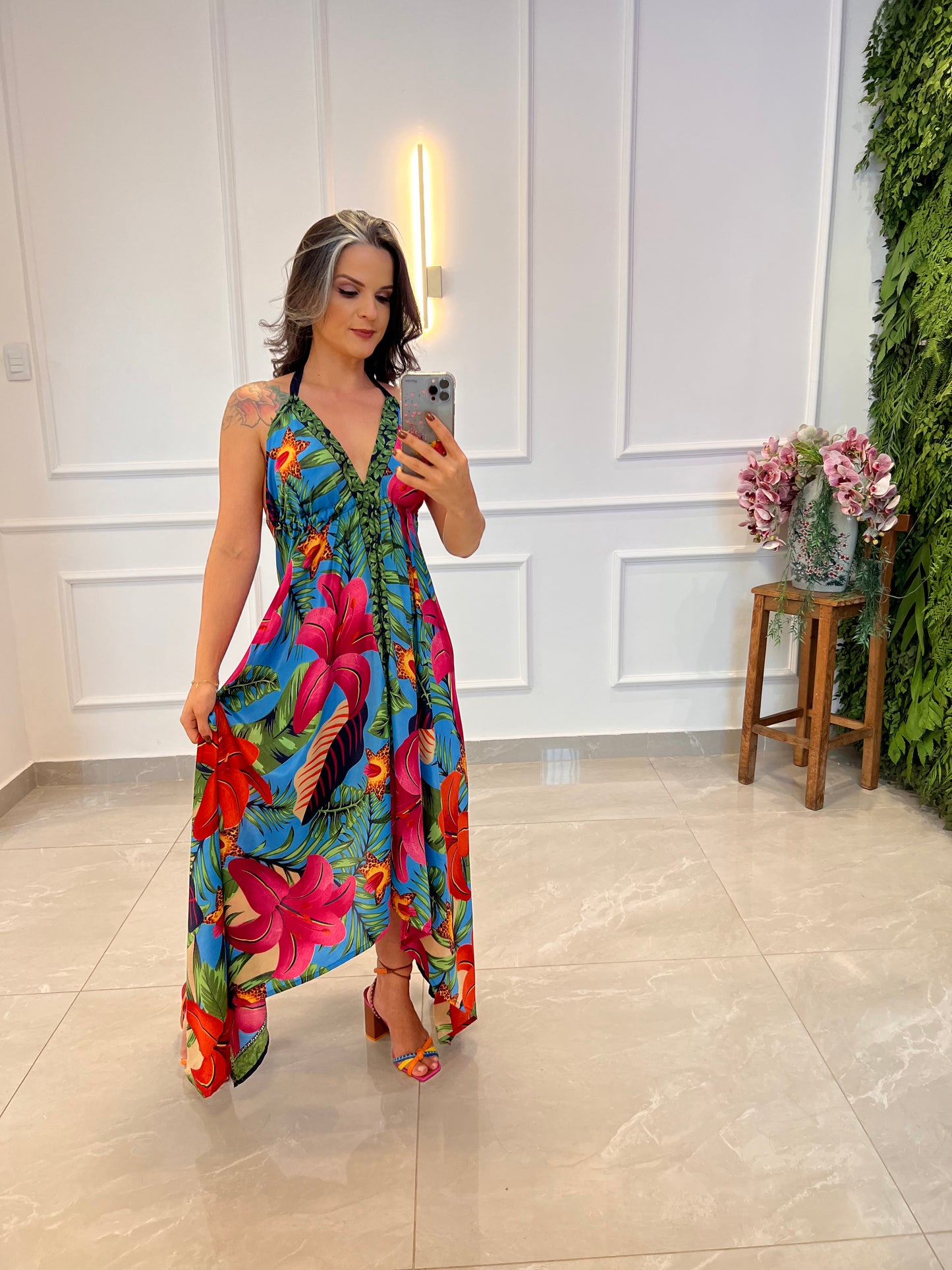 Vestido Longuete Follaje Seda - Estampado Azul