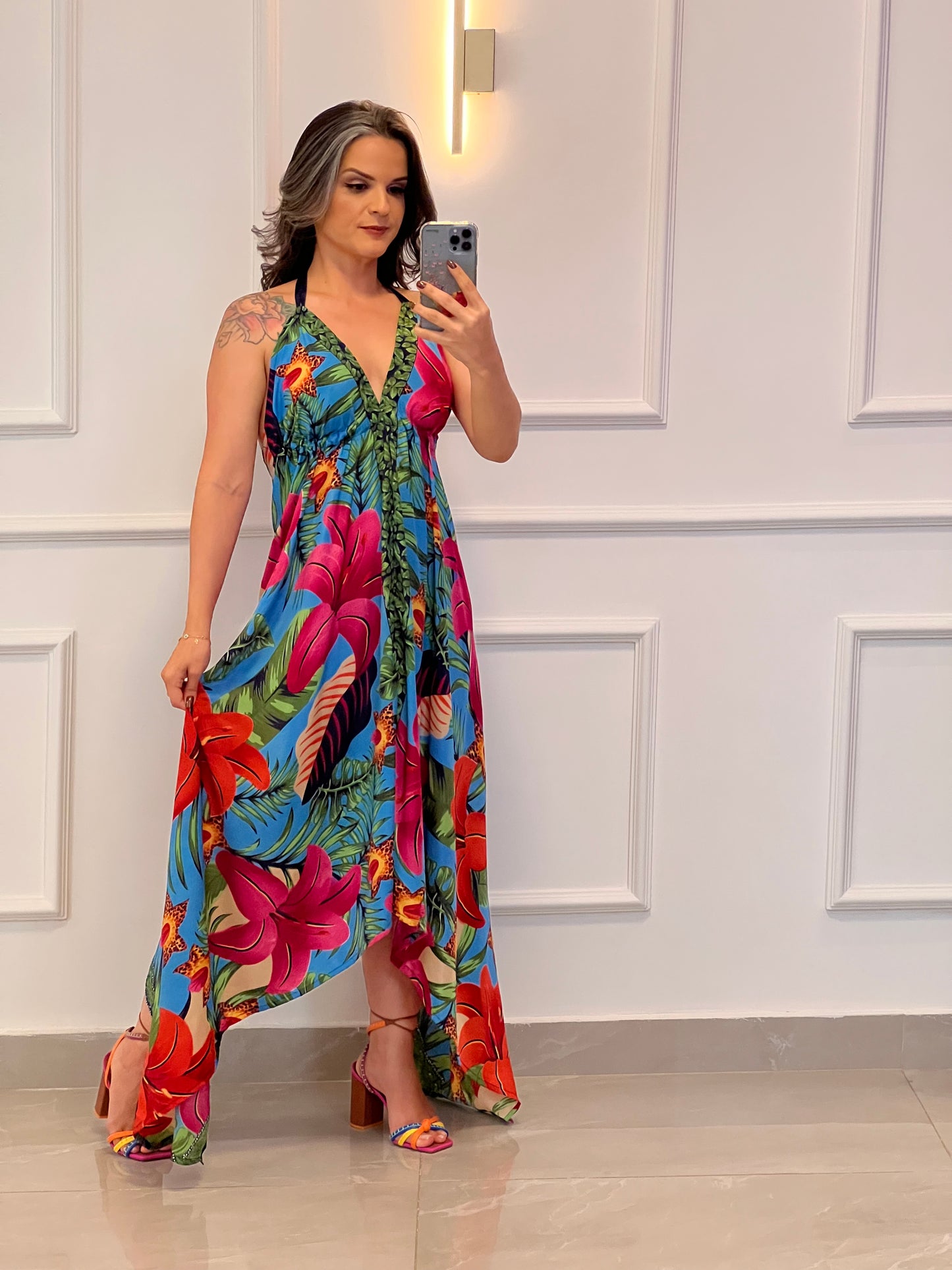 Vestido Longuete Follaje Seda - Estampado Azul