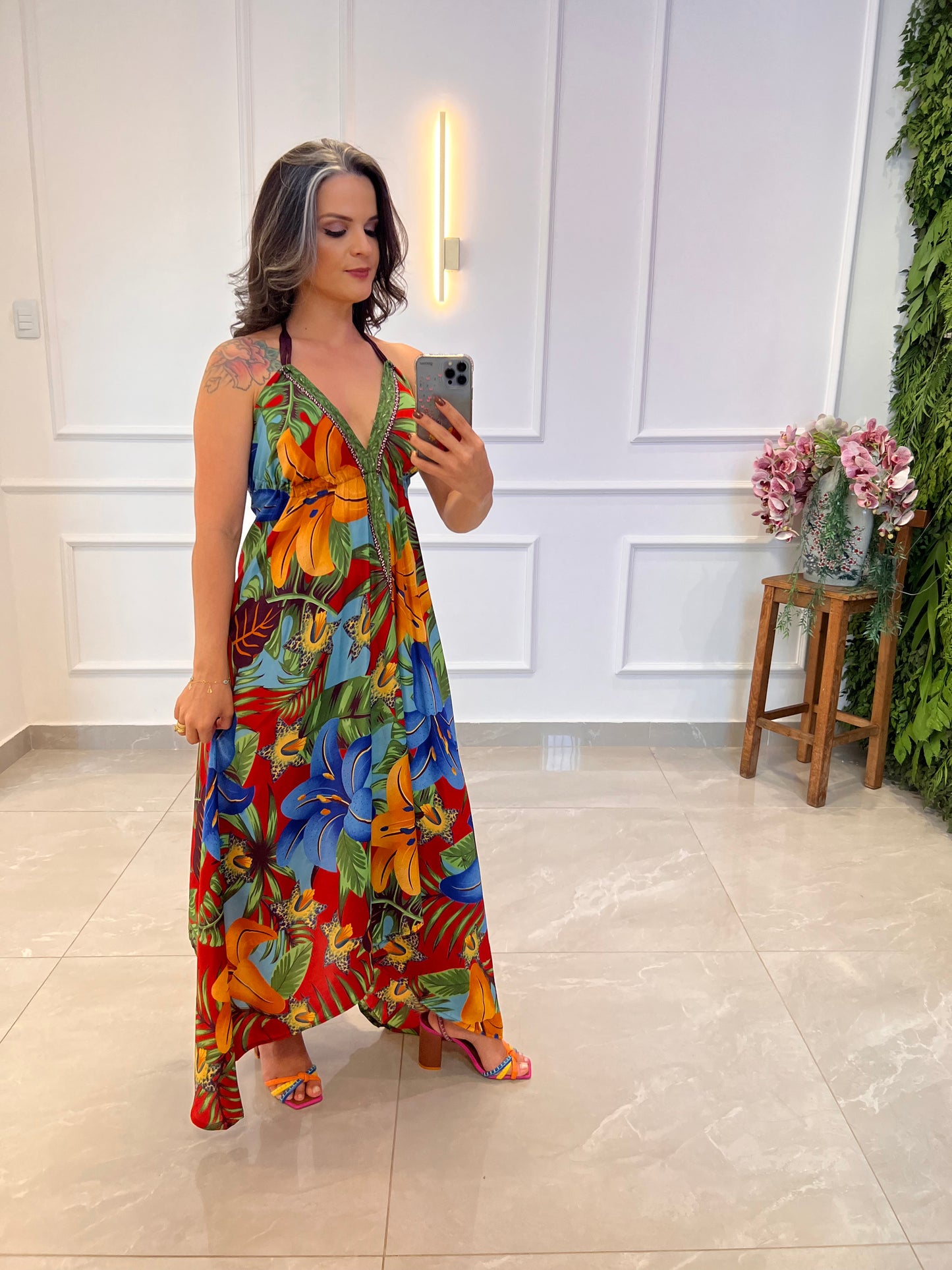 Vestido Longuete Seda Flores Amarelas - Estampado