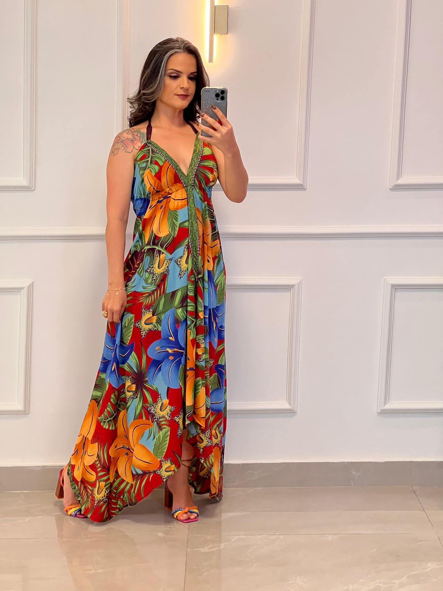 Vestido Longuete Seda Flores Amarelas - Estampado