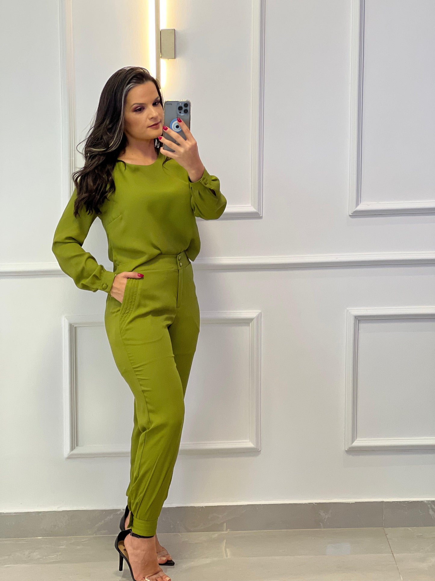 Carrot Pants and Long Sleeve Blouse Set - Mint Green