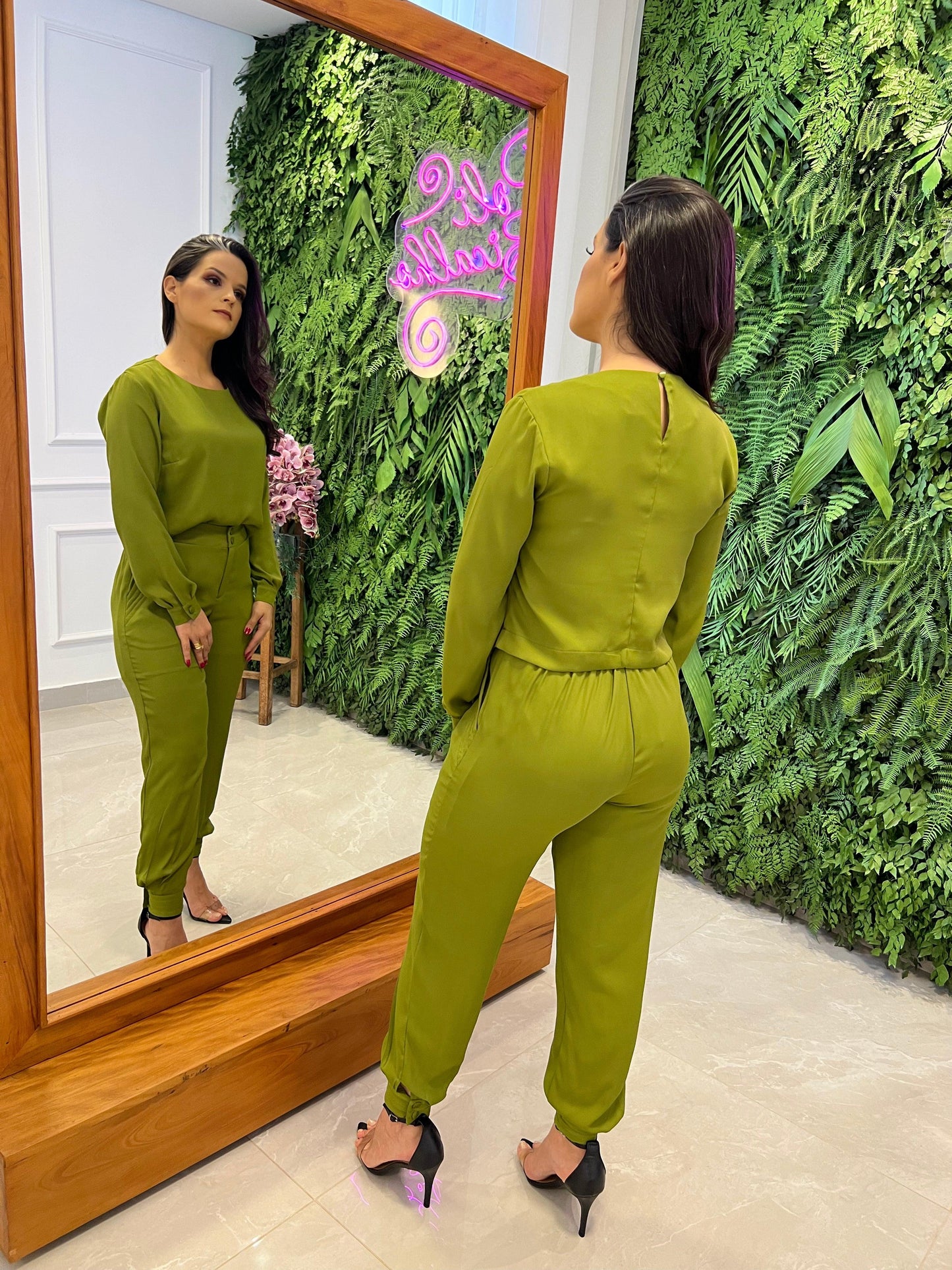 Carrot Pants and Long Sleeve Blouse Set - Mint Green