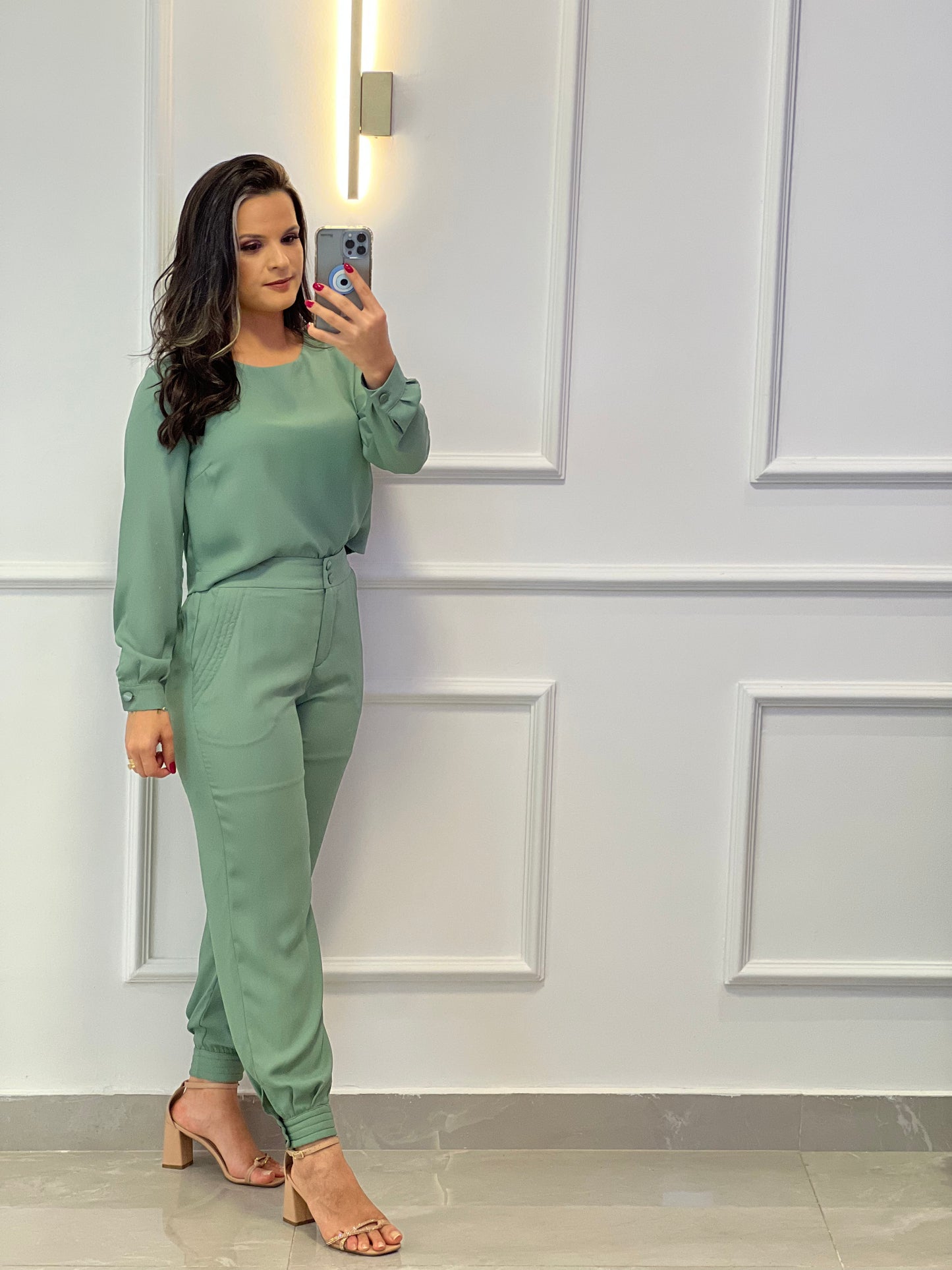 Carrot Pants and Long Sleeve Blouse Set - Mint Green