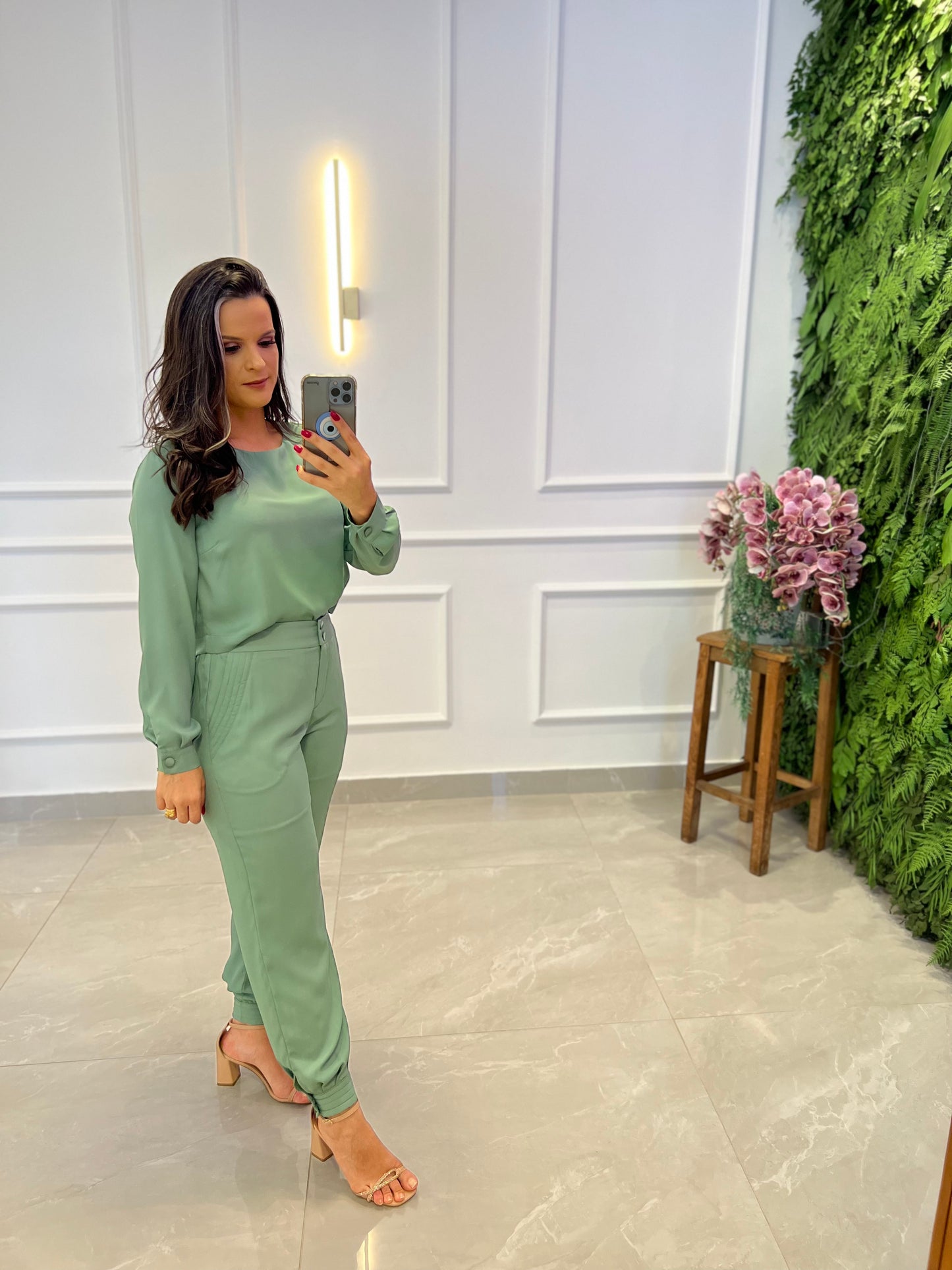 Carrot Pants and Long Sleeve Blouse Set - Mint Green