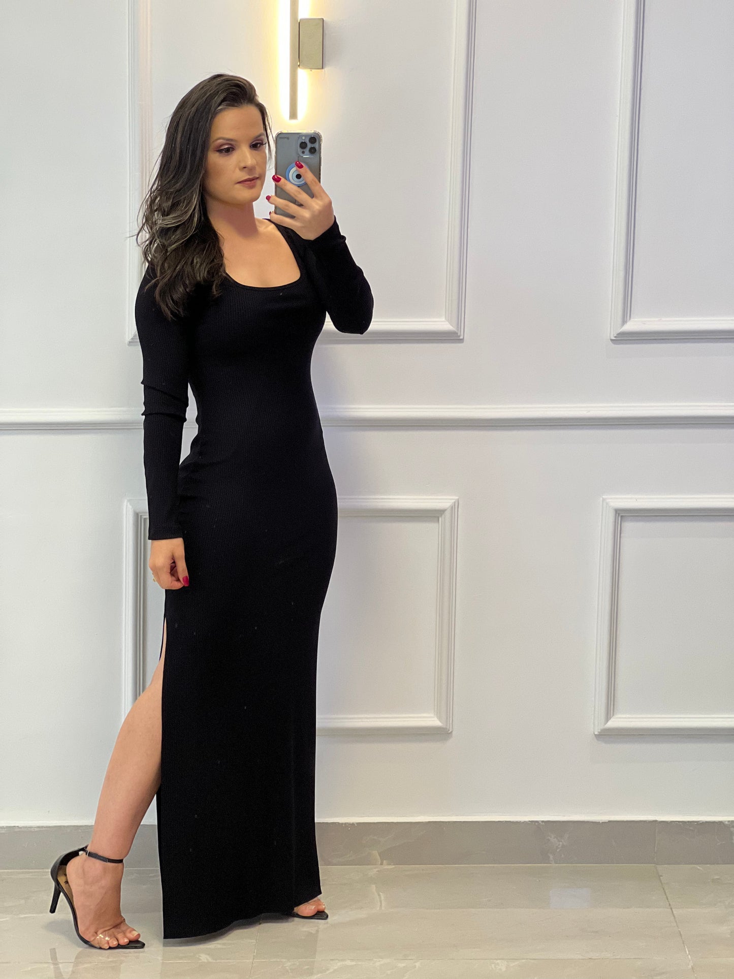 Long Ribbed Slit Knit Dress - Black