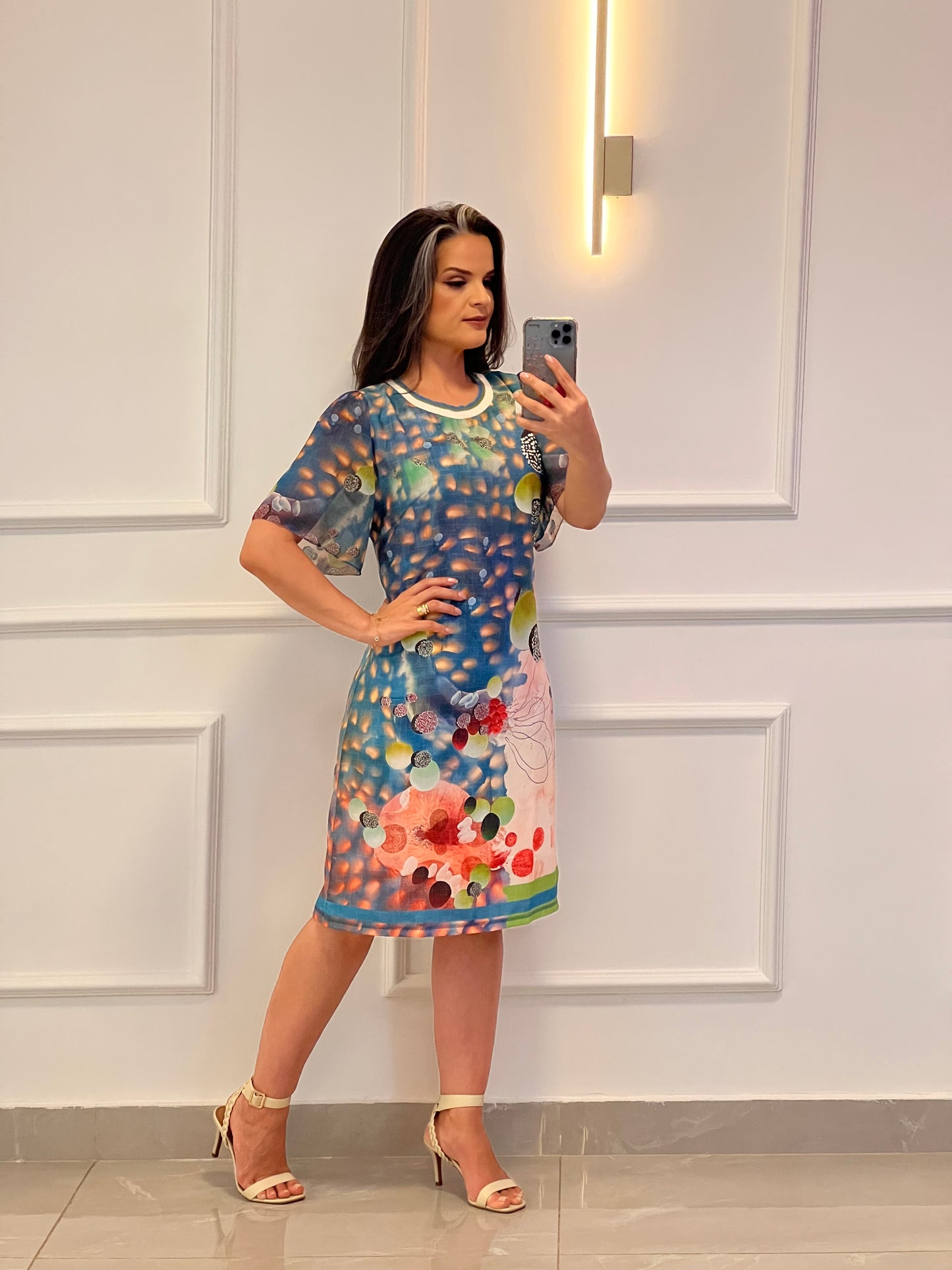 Vestido Curto Crepe Gola Trico Cores - Estampado