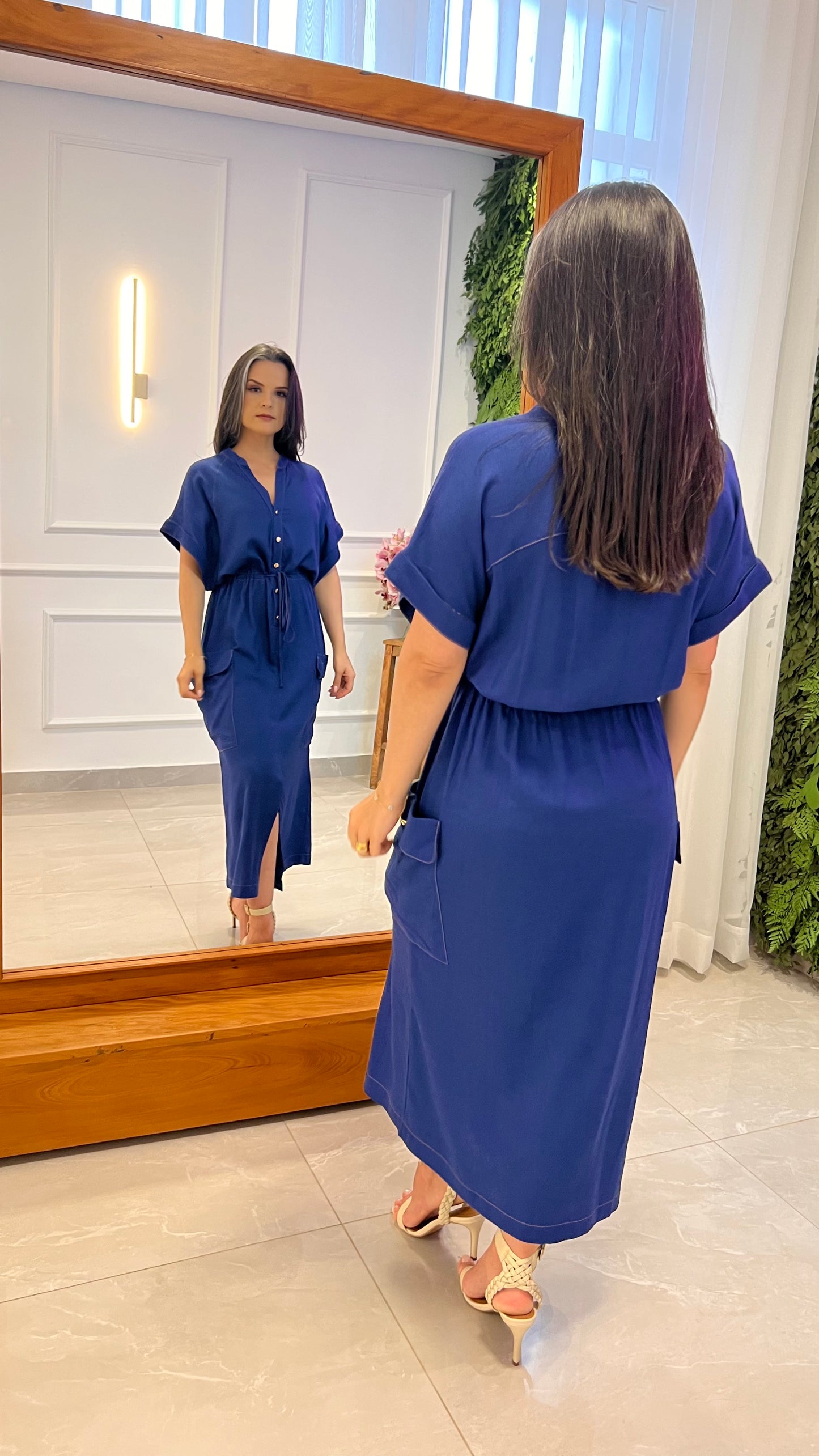 Vestido Midi Utilitario Linho - Azul Marinho