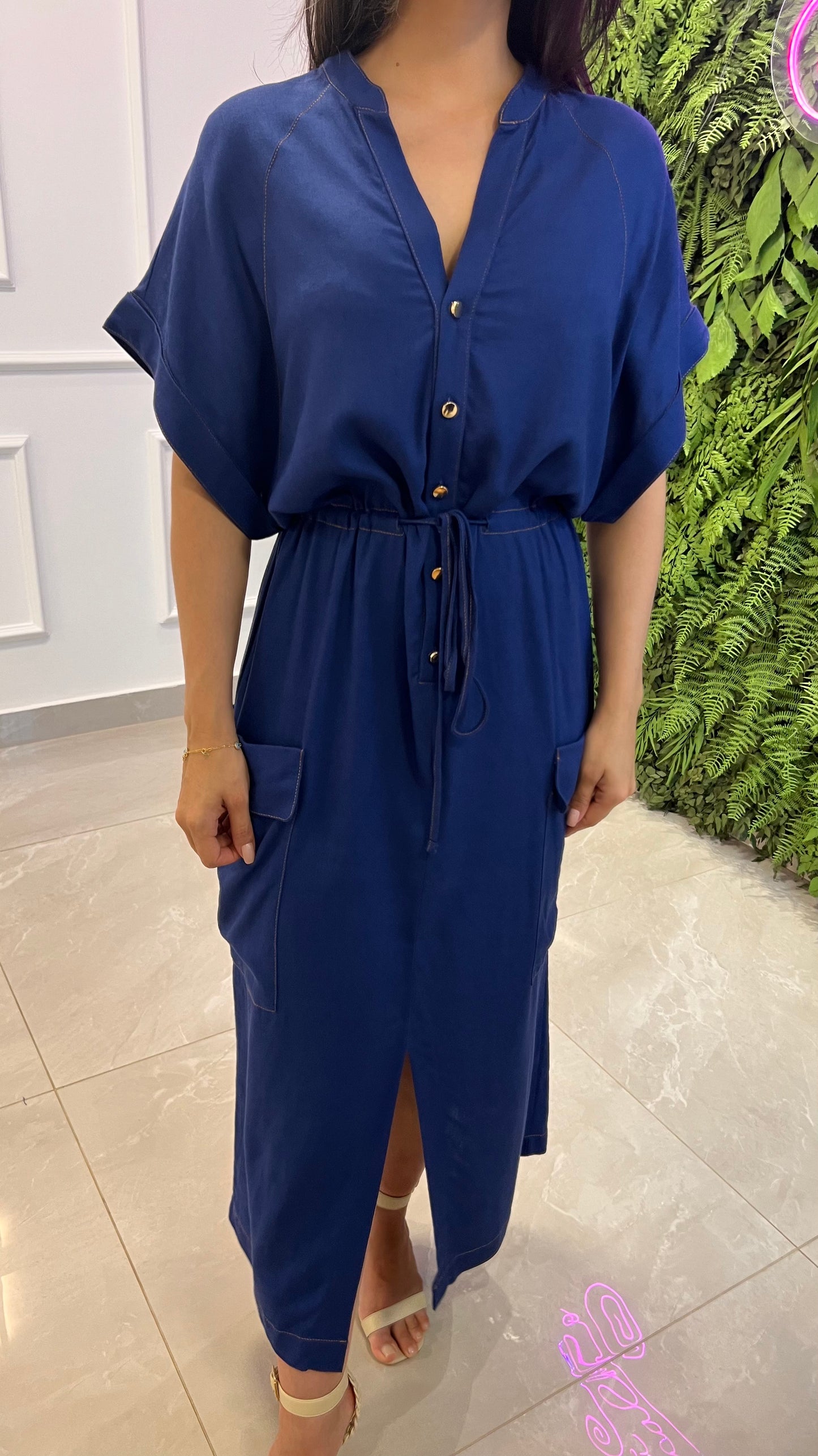 Vestido Midi Utilitario Linho - Azul Marinho