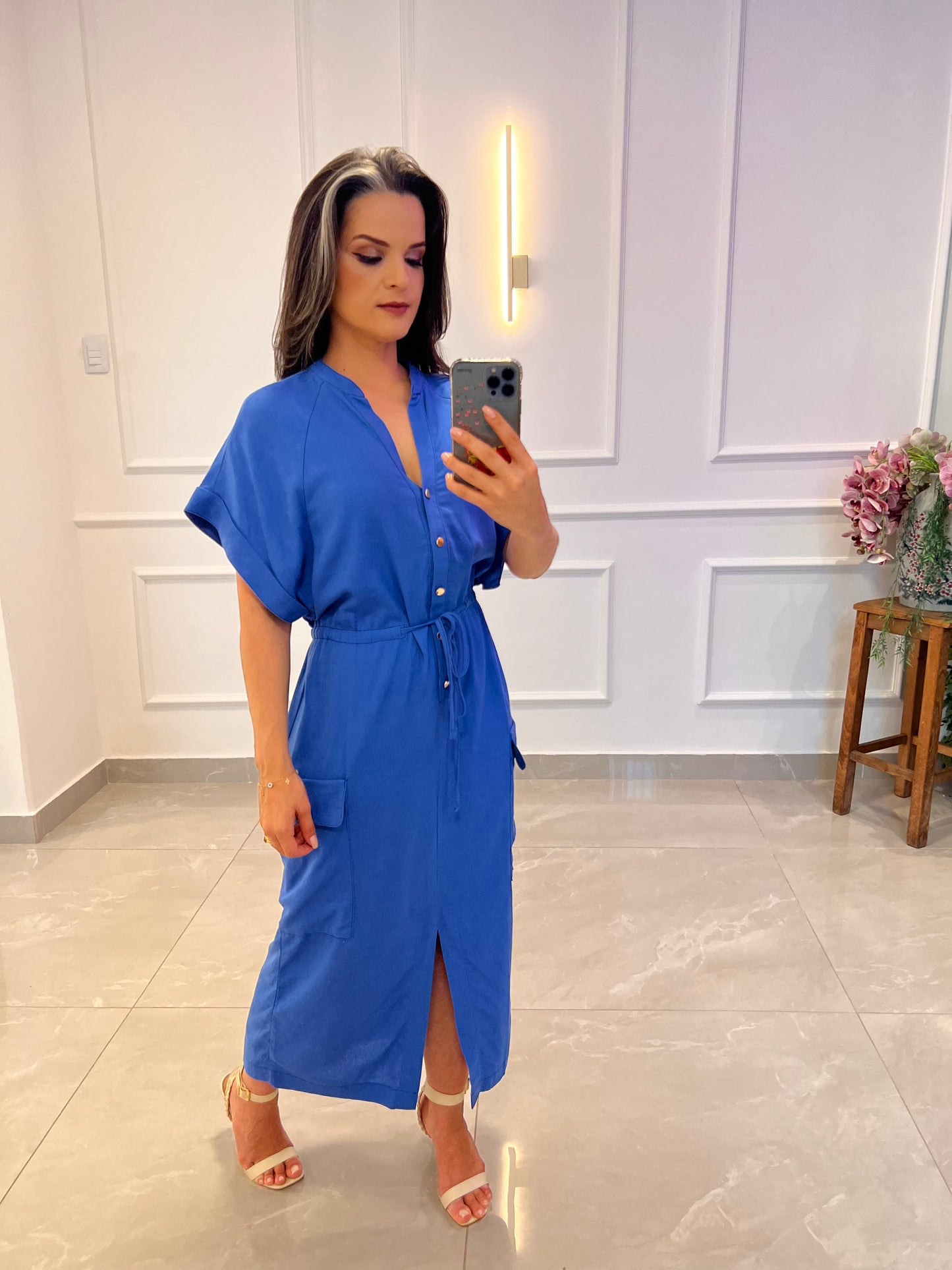 Vestido Midi Utilitario Linho - Azul
