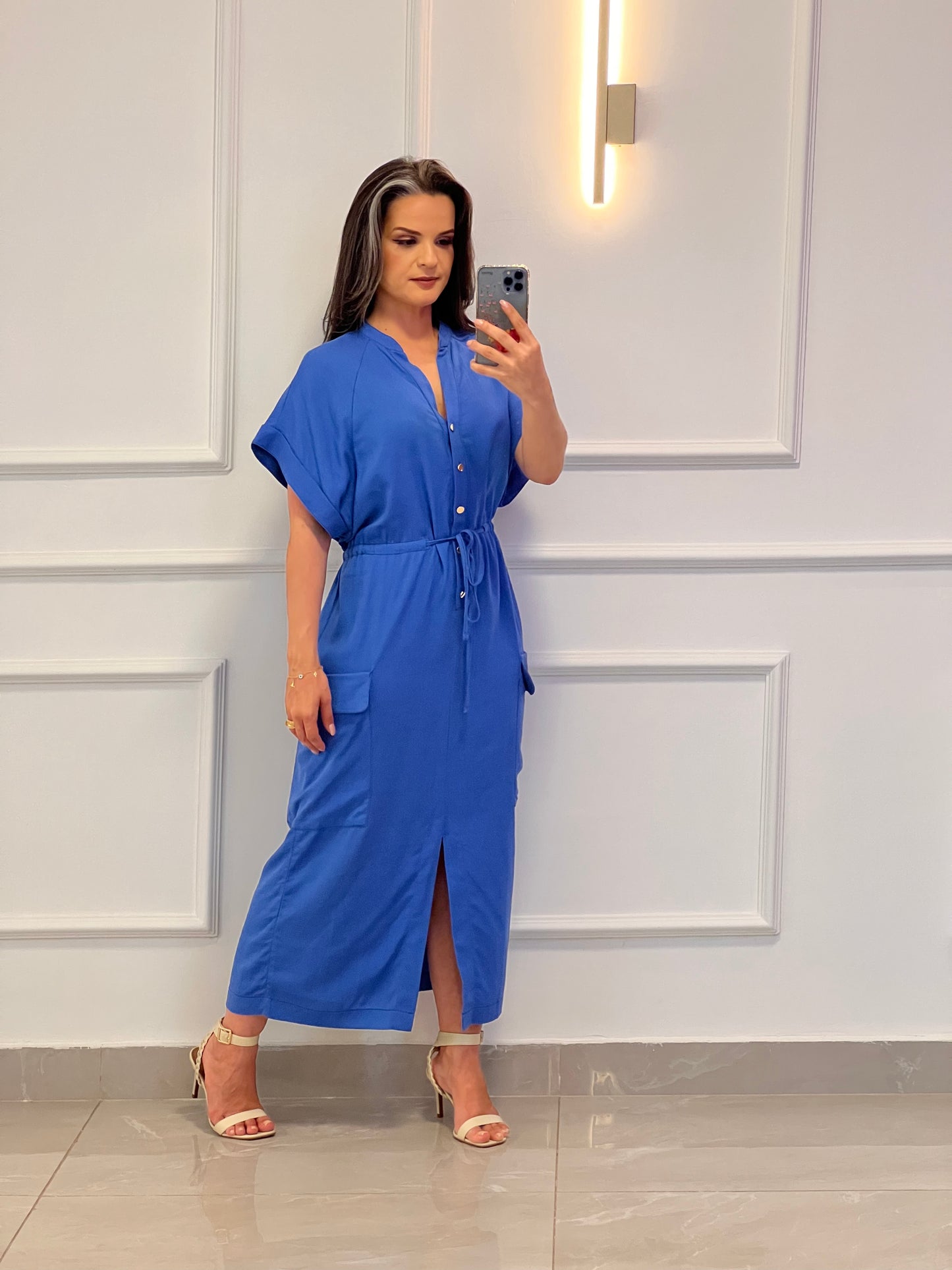 Vestido Midi Utilitario Linho - Azul