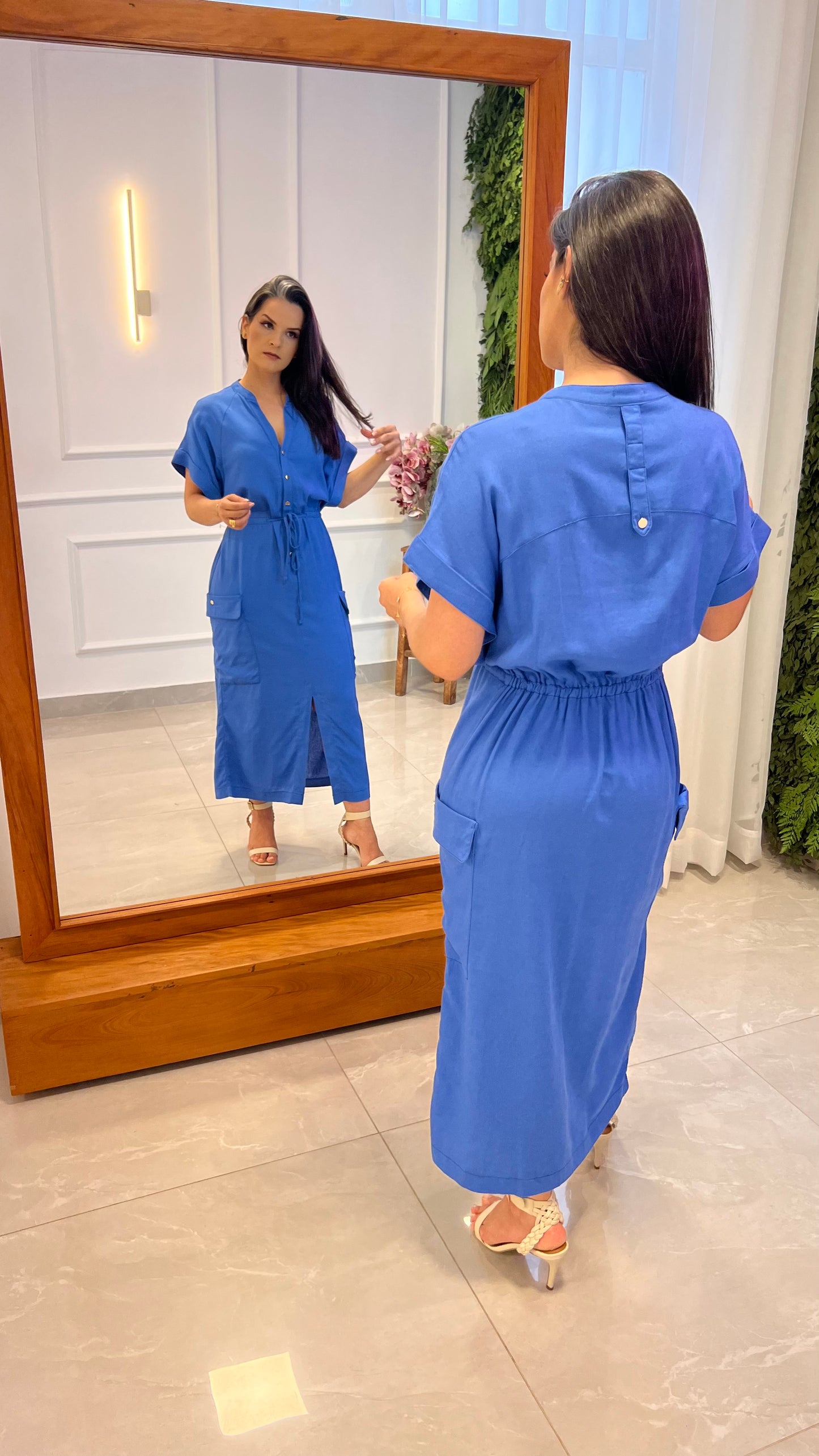 Vestido Midi Utilitario Linho - Azul