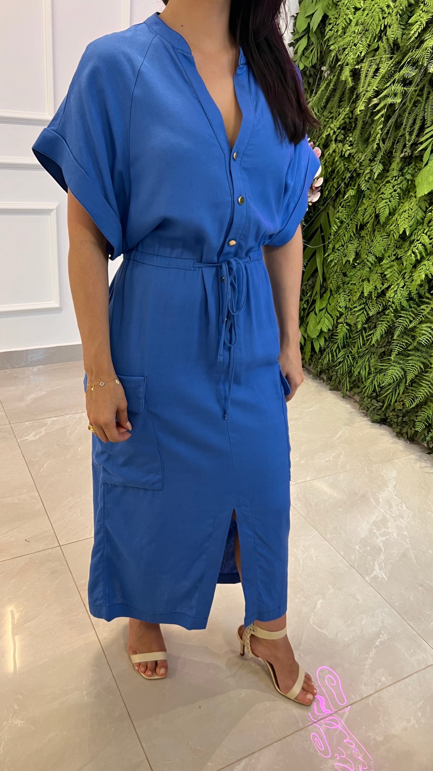 Vestido Midi Utilitario Linho - Azul