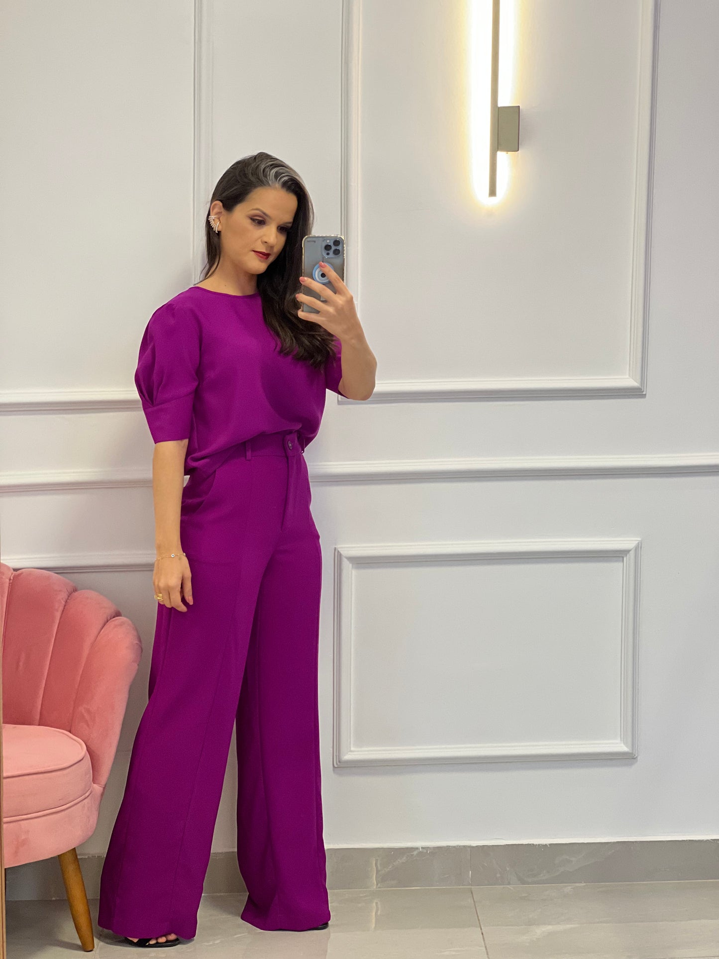 Conjunto Calça Pantalona e Blusa Manga Princesa- Fucsia