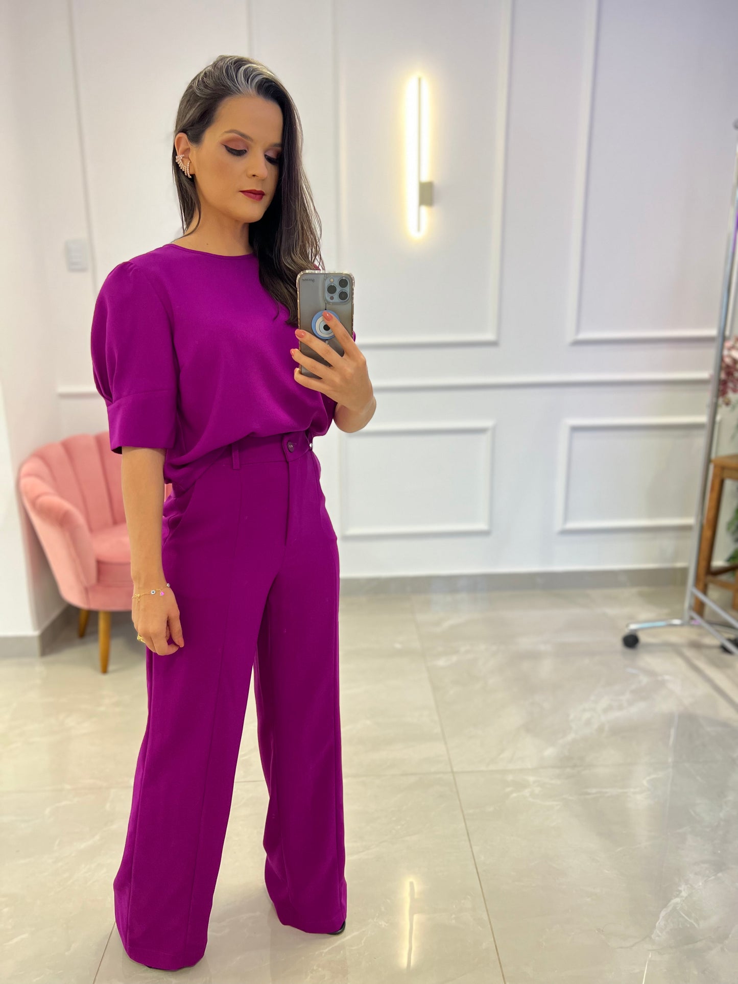 Conjunto Calça Pantalona e Blusa Manga Princesa- Fucsia