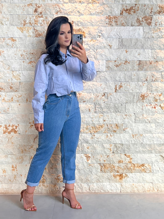 Camisa Cropped Bolso - Liso Azul Claro 5136