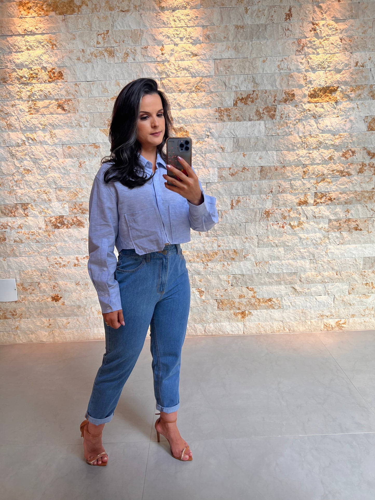 Camisa Cropped Bolso - Liso Azul Claro 5136