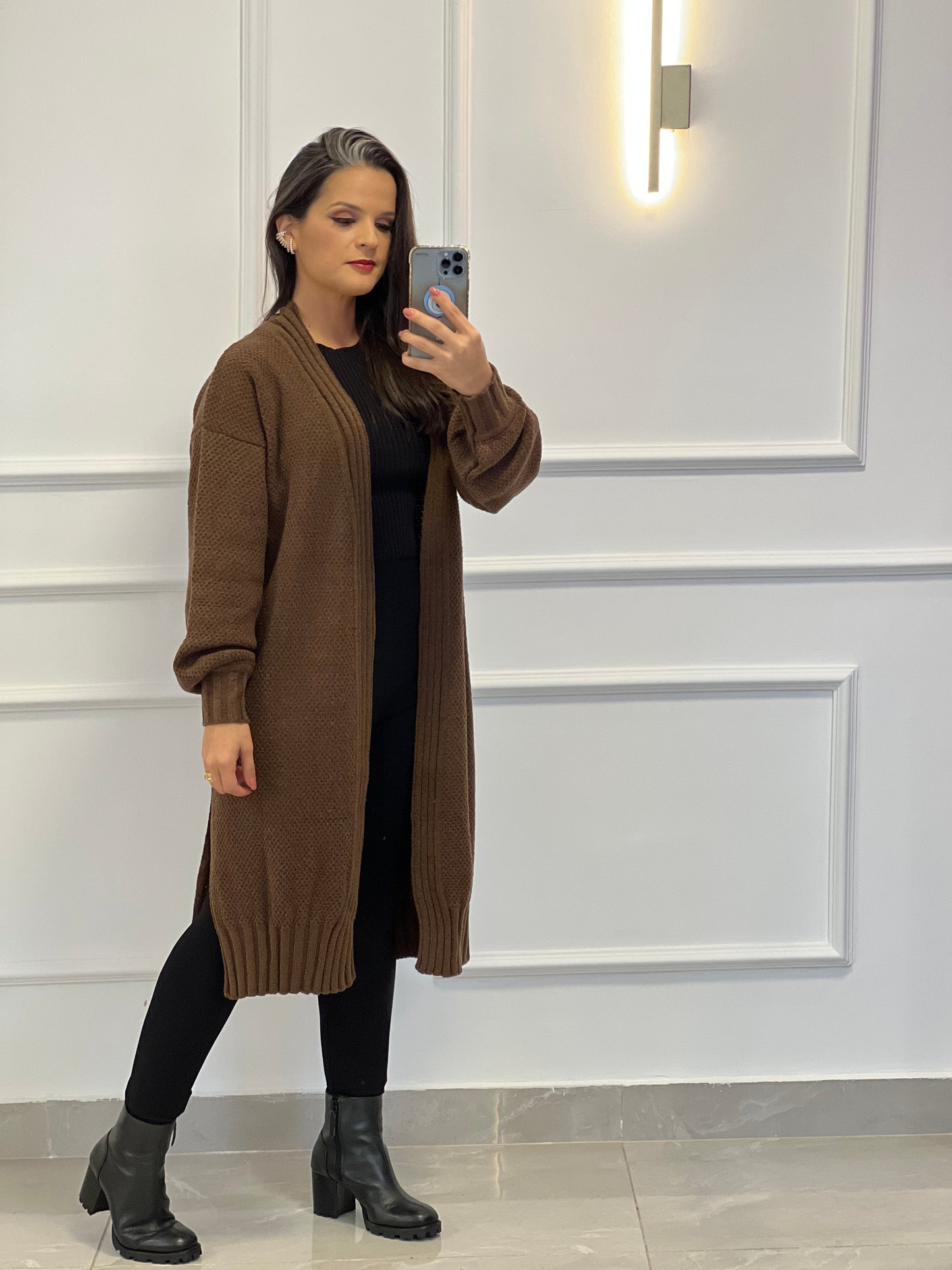 Elongated Tricot Cardigan - Brown